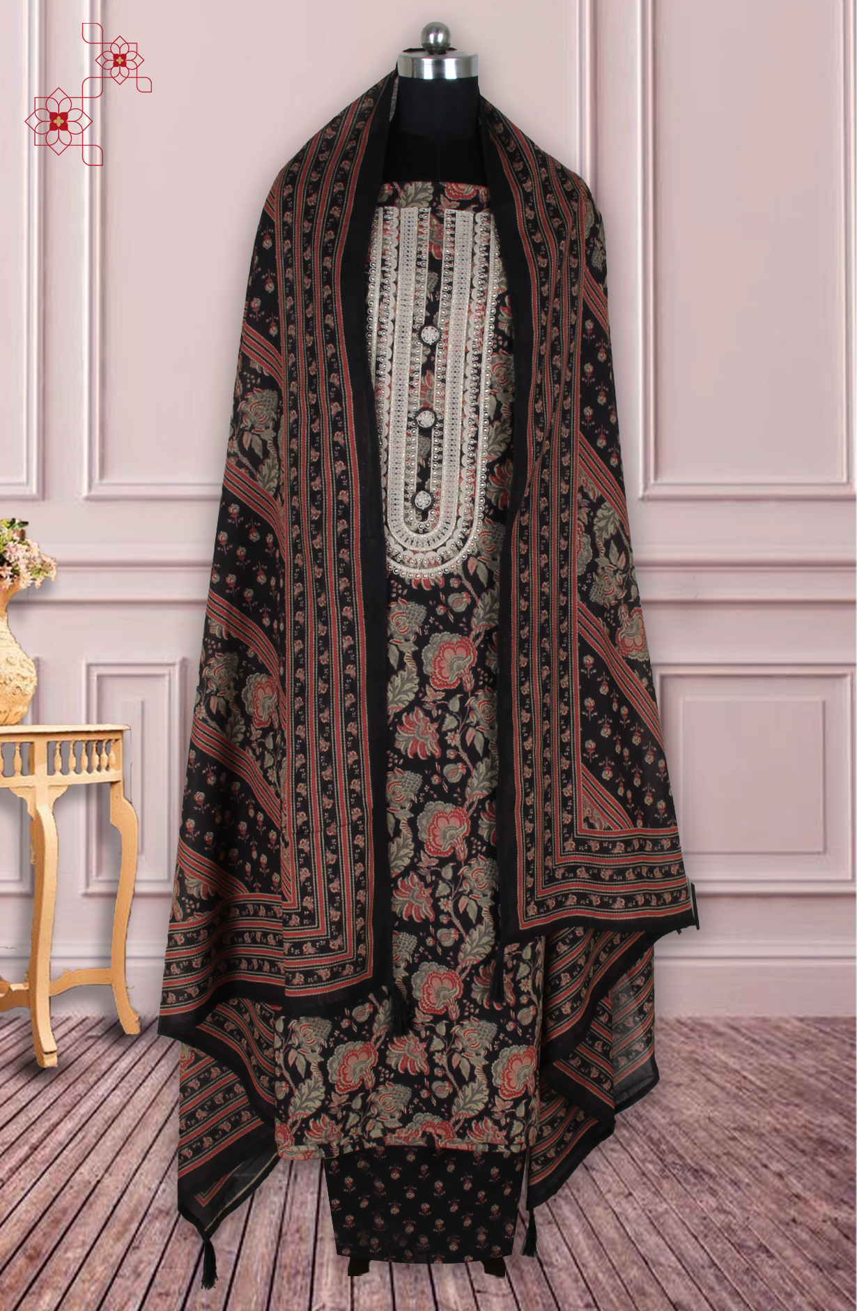 Black Cotton Printed Unstitched Salwar Suit with Dupatta - 944-1421