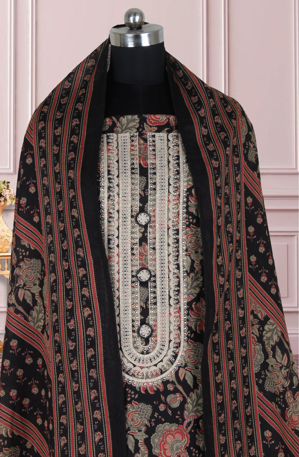 Black Cotton Printed Unstitched Salwar Suit with Dupatta - 944-1421