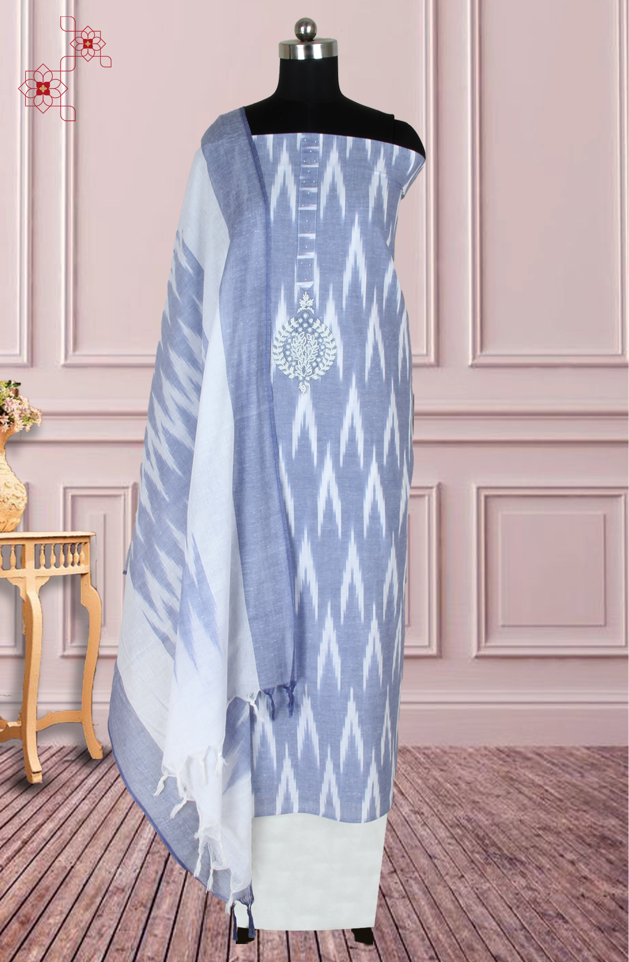 Pastel Blue and White Cotton Suit with Motif Work - 944-1478