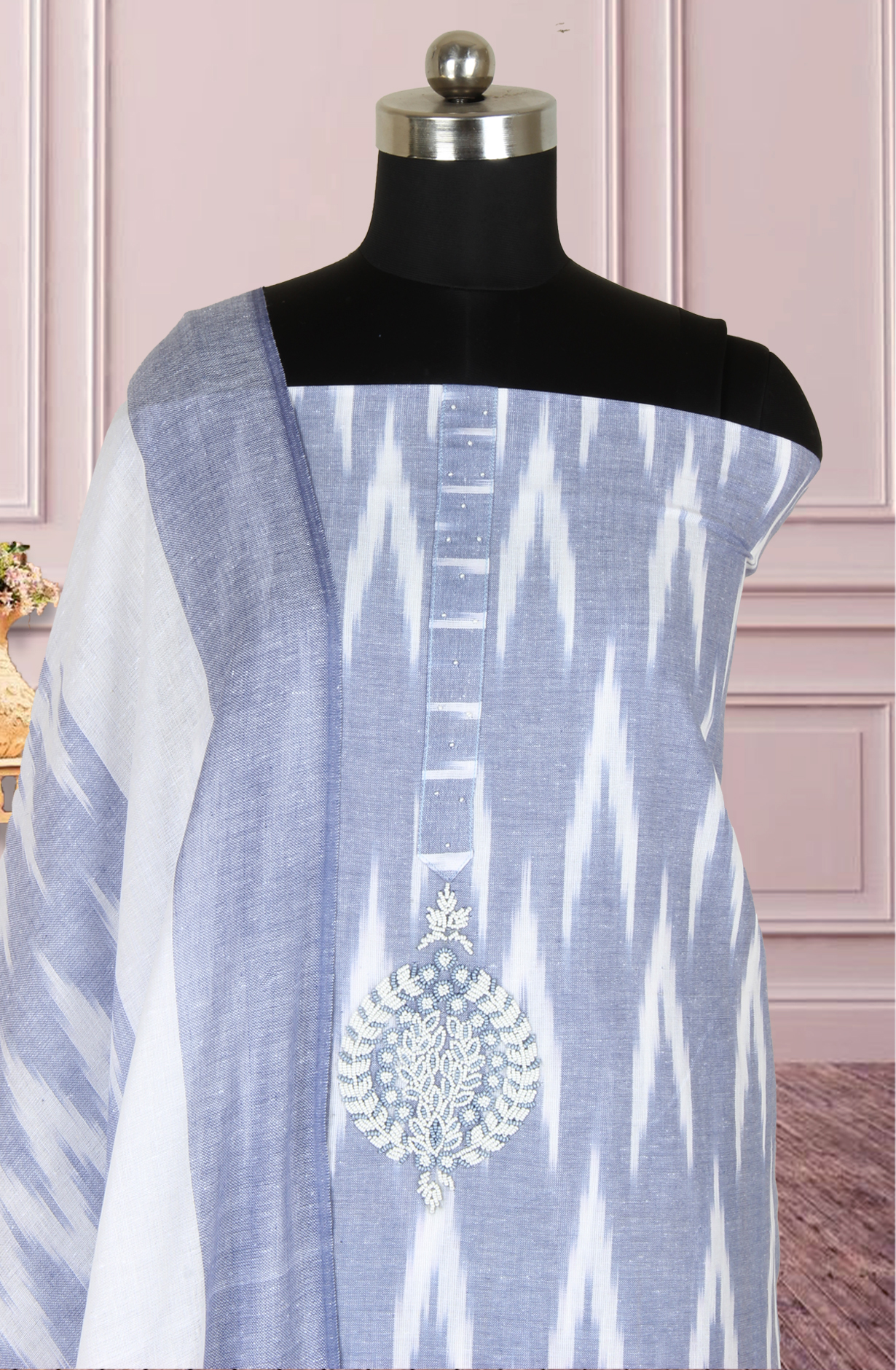Pastel Blue and White Cotton Suit with Motif Work - 944-1478