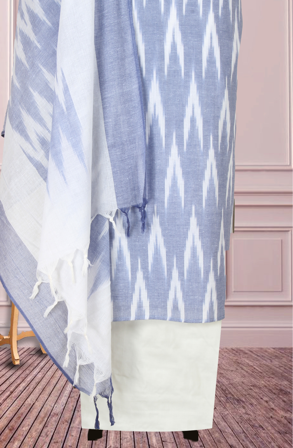 Pastel Blue and White Cotton Suit with Motif Work - 944-1478