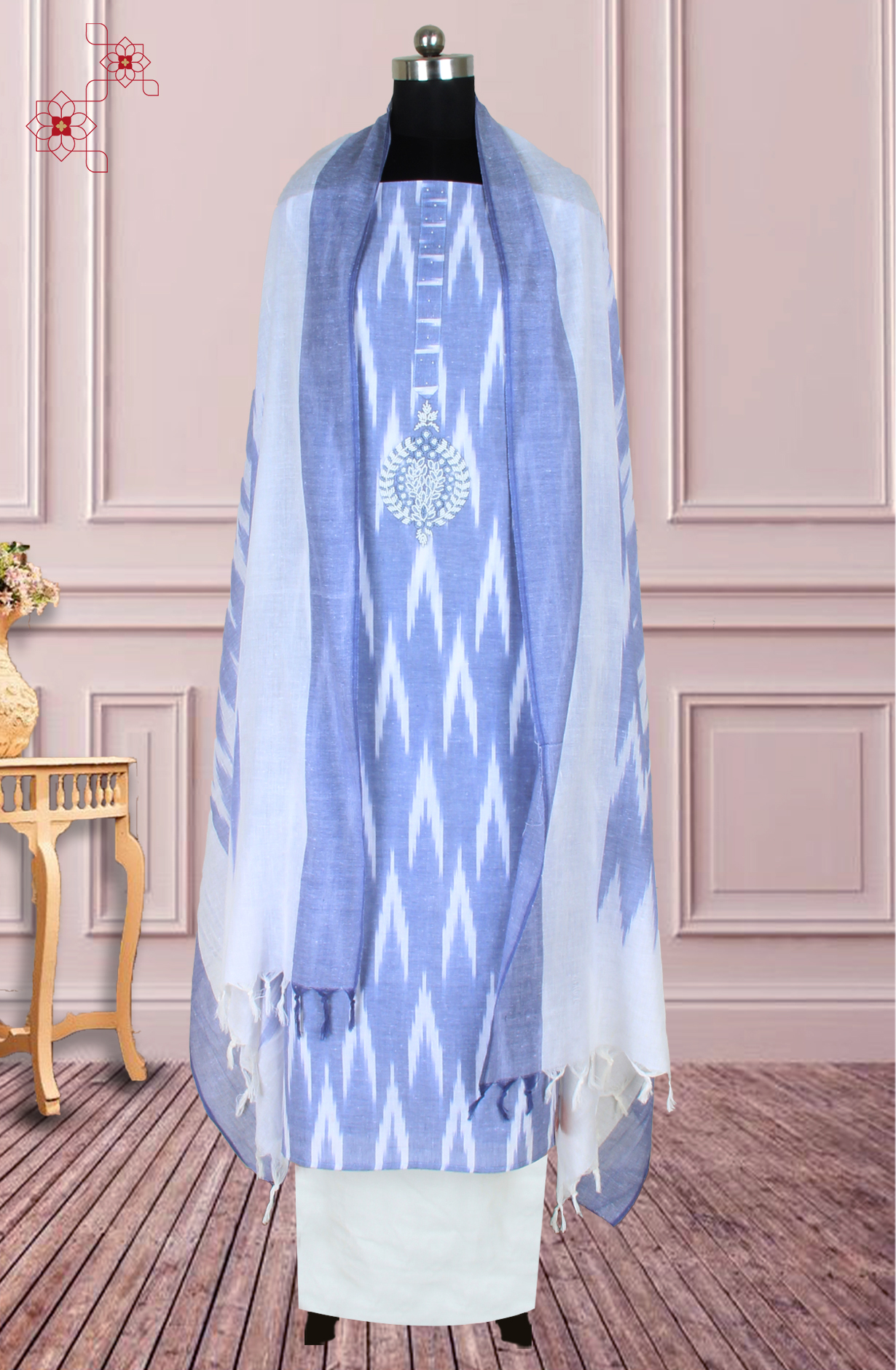 Pastel Blue and White Cotton Suit with Motif Work - 944-1478