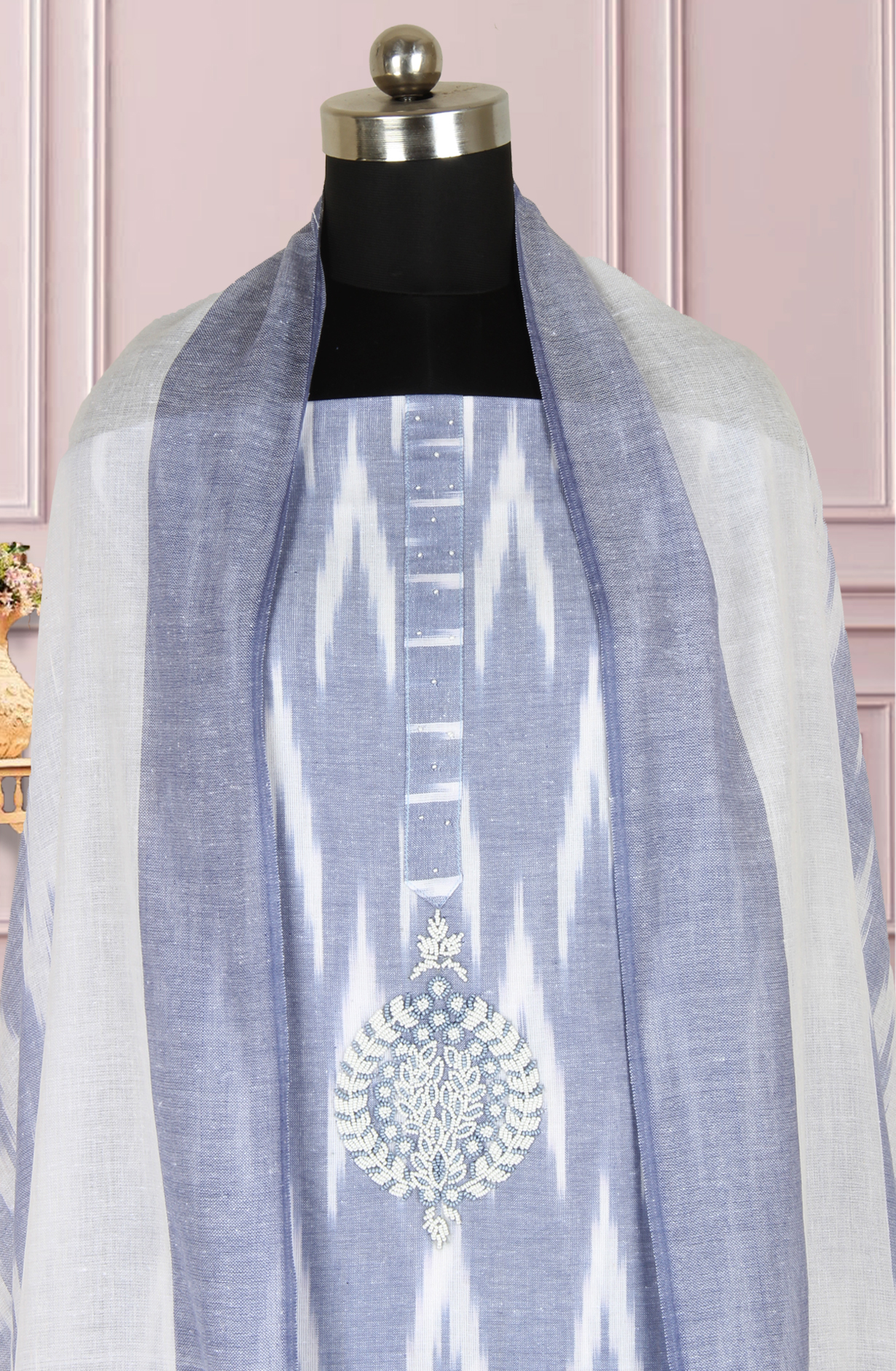 Pastel Blue and White Cotton Suit with Motif Work - 944-1478
