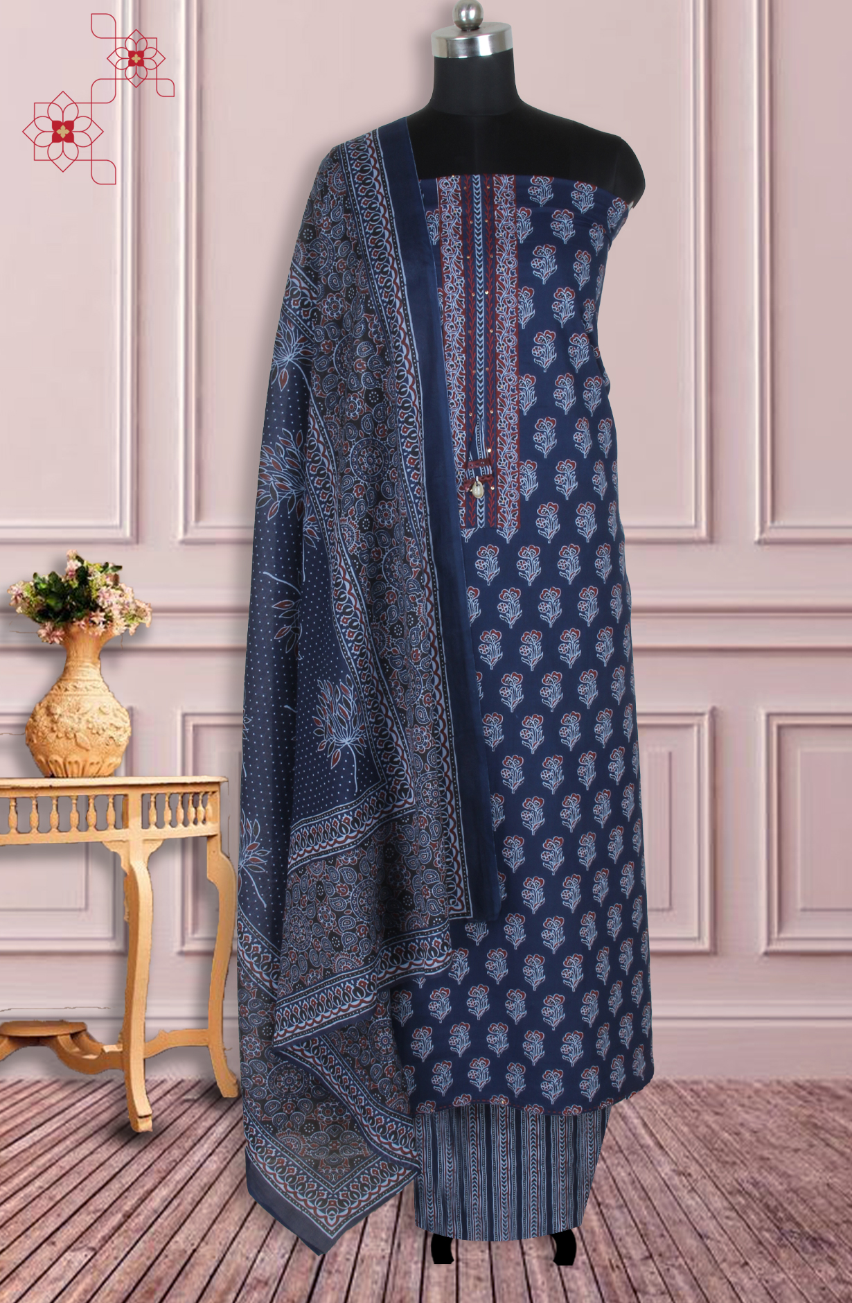Blue Cotton Block Printed Unstitched Salwar Dress Material - 944-1600