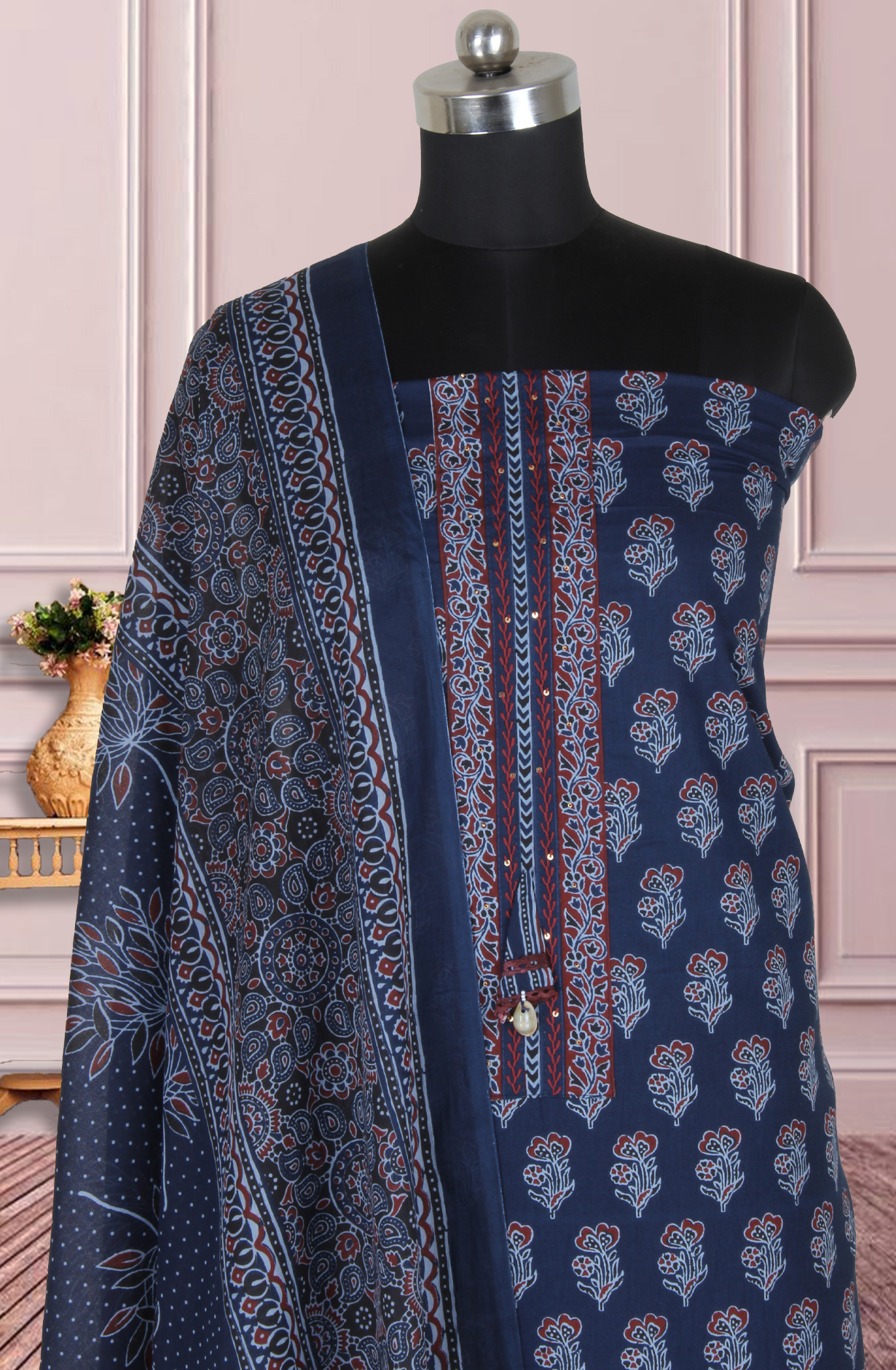 Blue Cotton Block Printed Unstitched Salwar Dress Material - 944-1600