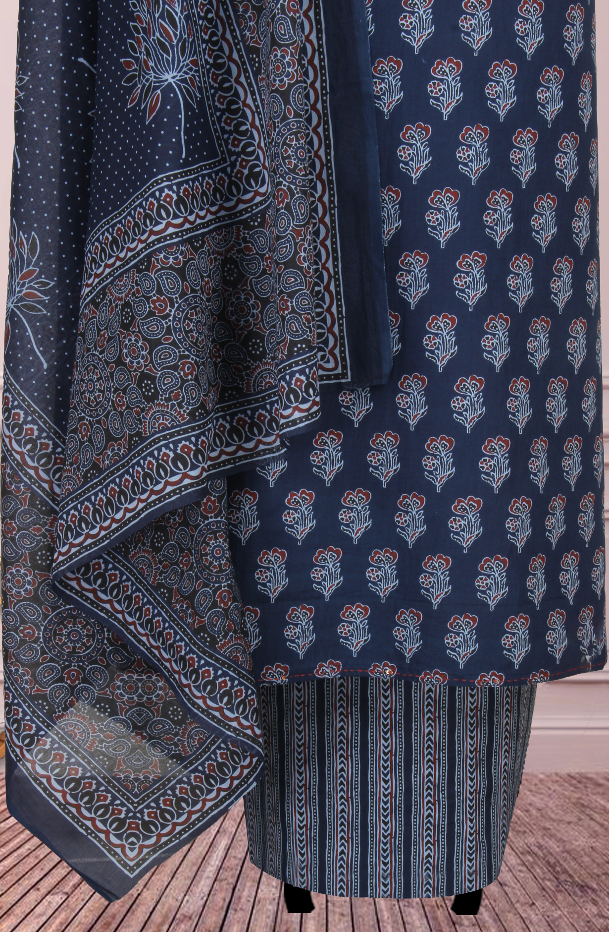 Blue Cotton Block Printed Unstitched Salwar Dress Material - 944-1600