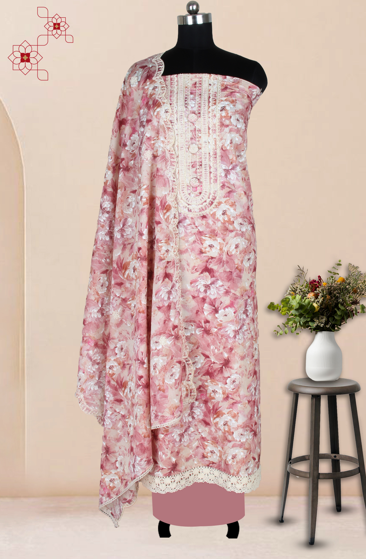 Mauve Cotton Unstitched Printed Salwar Dress Material with Lace Work - 944-1792