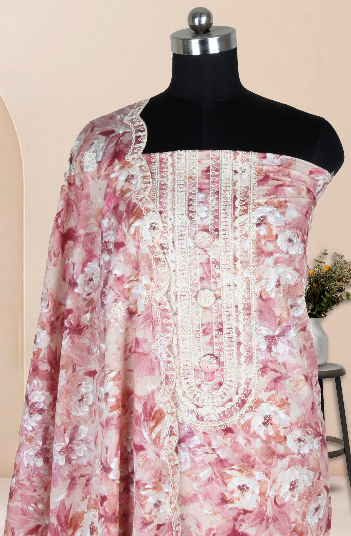 Mauve Cotton Unstitched Printed Salwar Dress Material with Lace Work - 944-1792