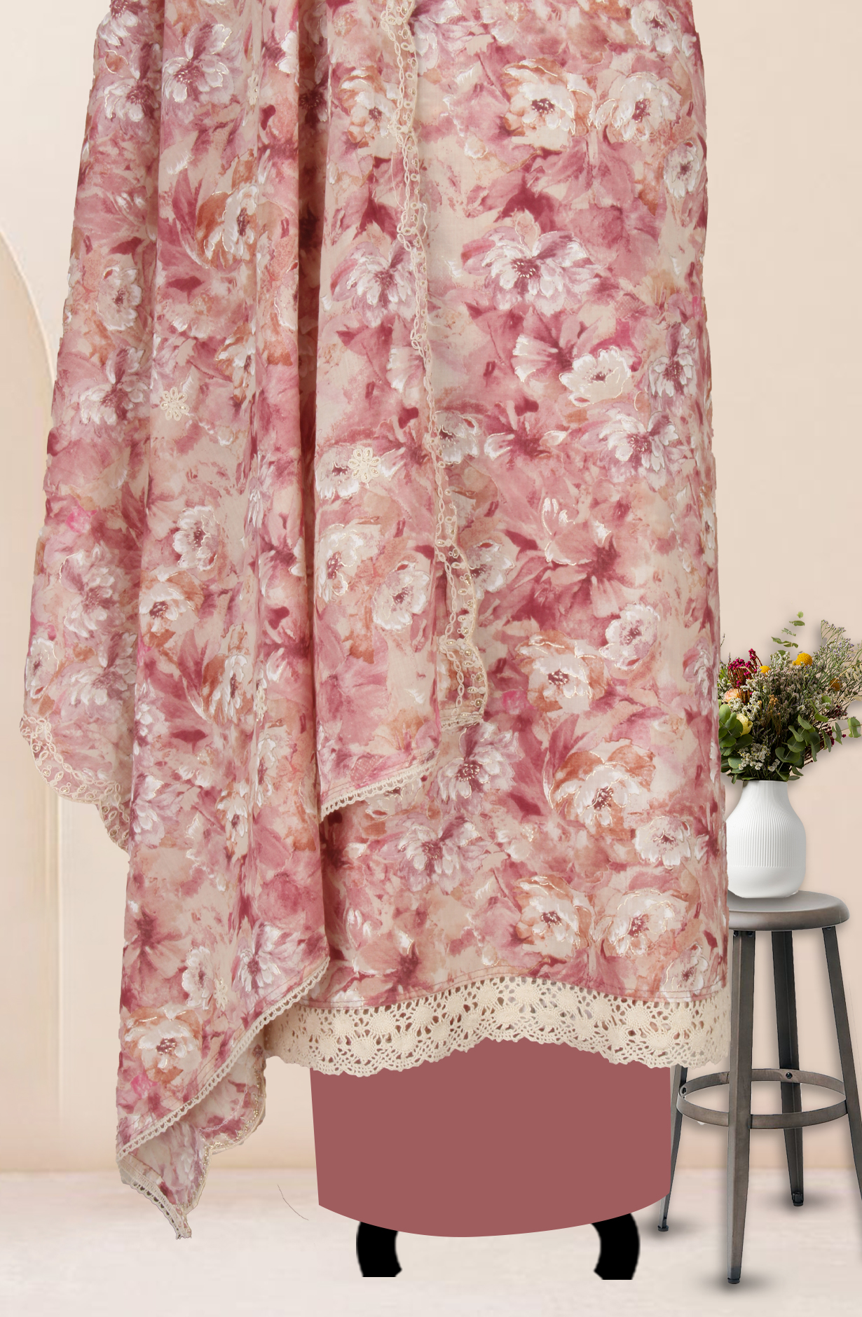 Mauve Cotton Unstitched Printed Salwar Dress Material with Lace Work - 944-1792