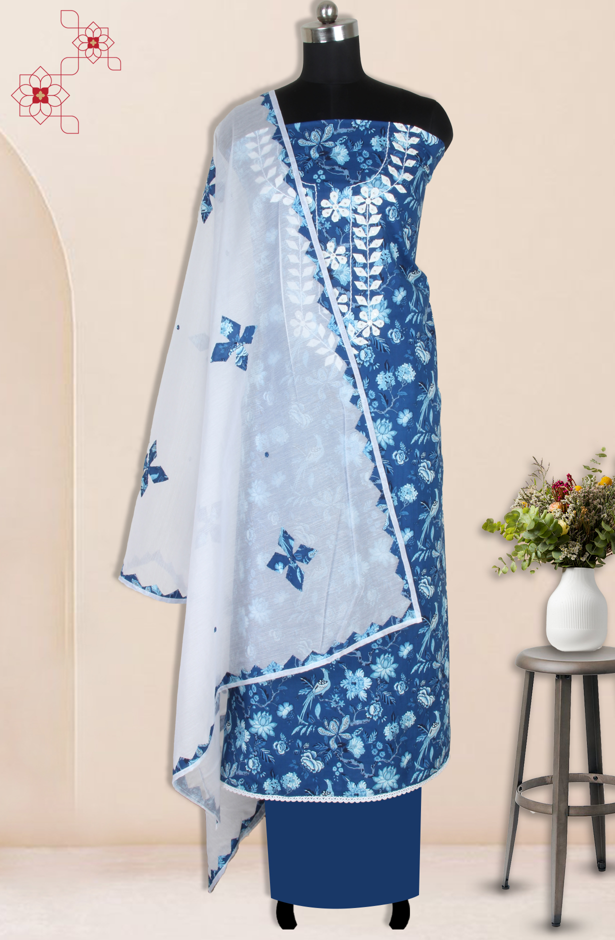 Indigo Blue Cotton Block Printed Unstitched Salwar Kameez with Kota Dupatta - 944-1802-1A
