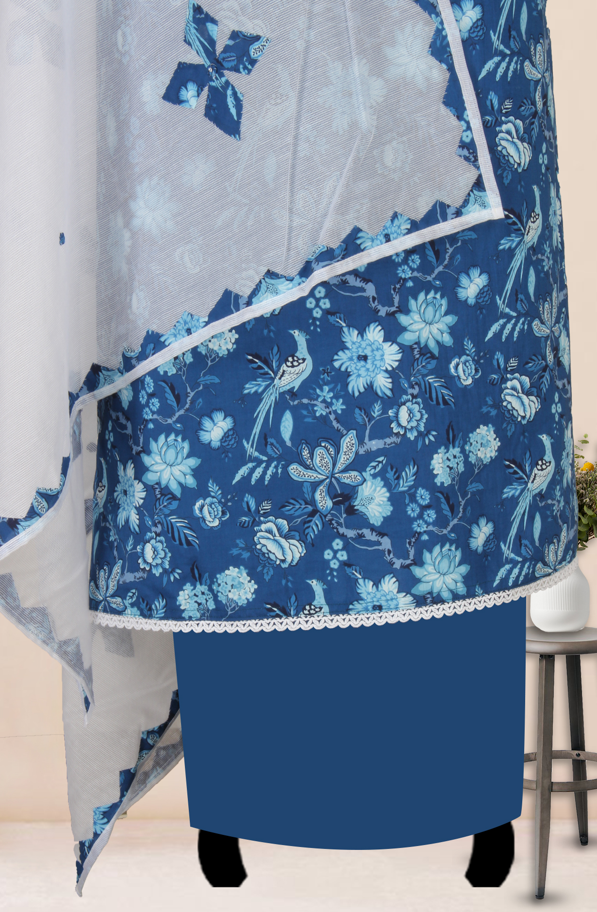 Indigo Blue Cotton Block Printed Unstitched Salwar Kameez with Kota Dupatta - 944-1802-1A