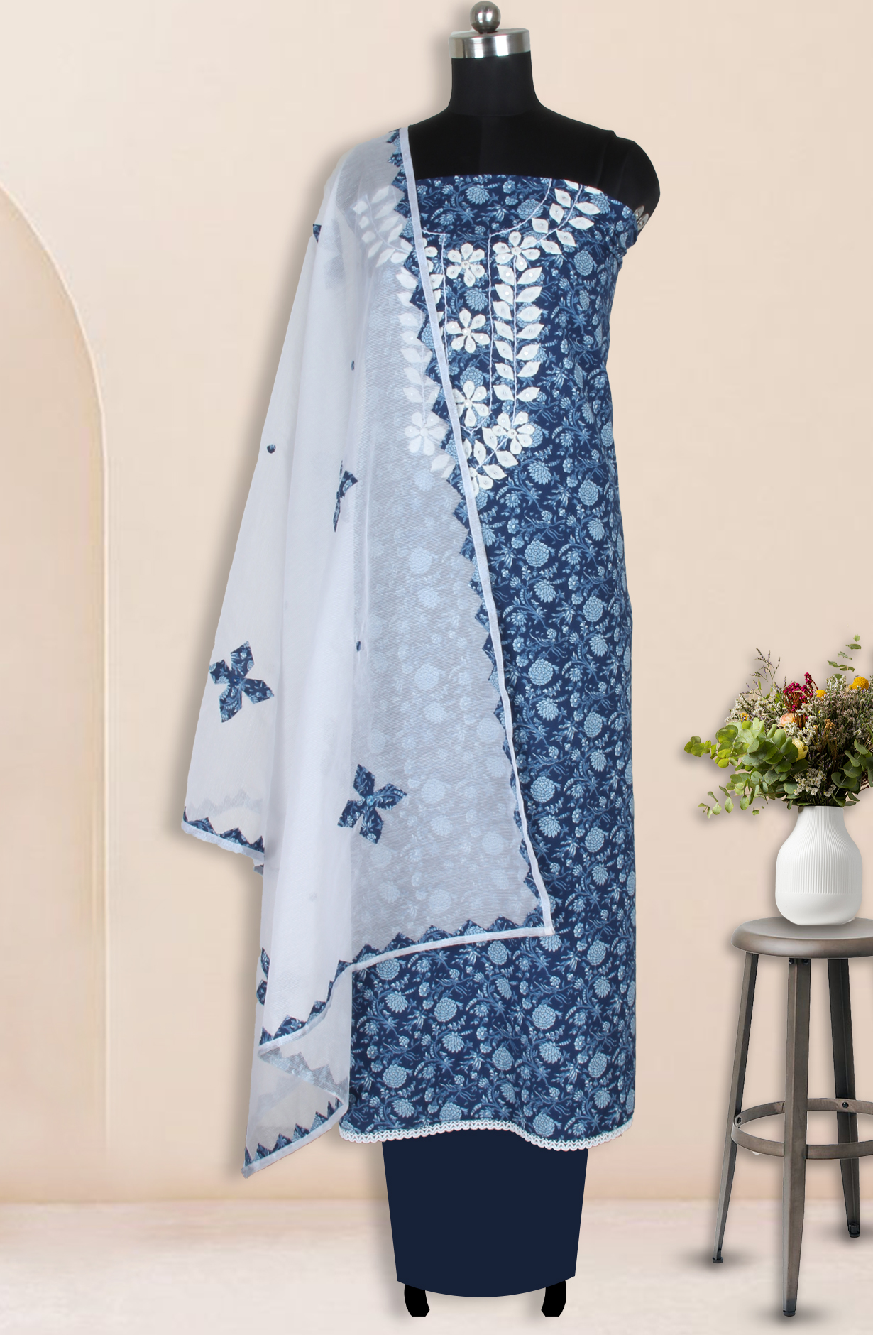 Indigo Blue Cotton Block Printed Unstitched Salwar Suit with Kota Dupatta - 944-1802
