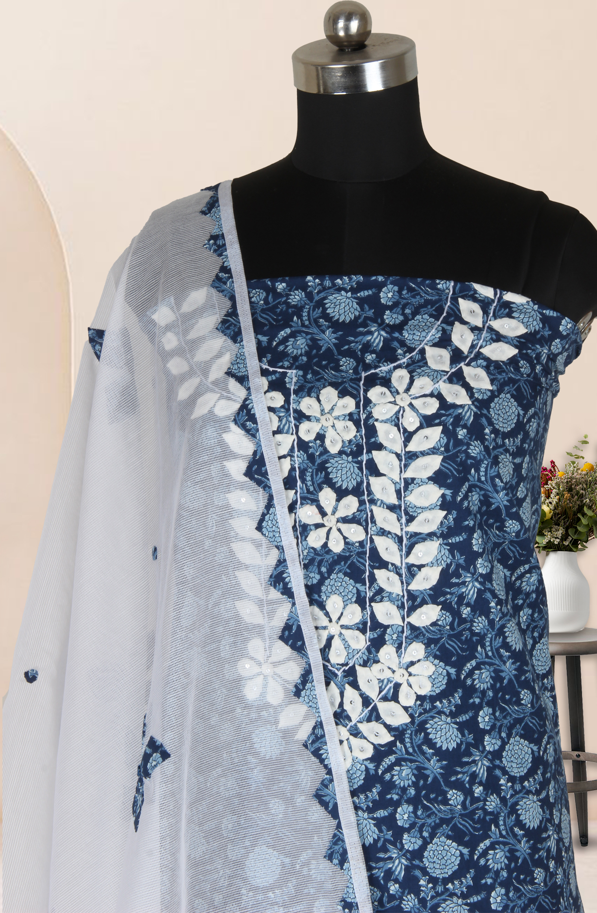 Indigo Blue Cotton Block Printed Unstitched Salwar Suit with Kota Dupatta - 944-1802