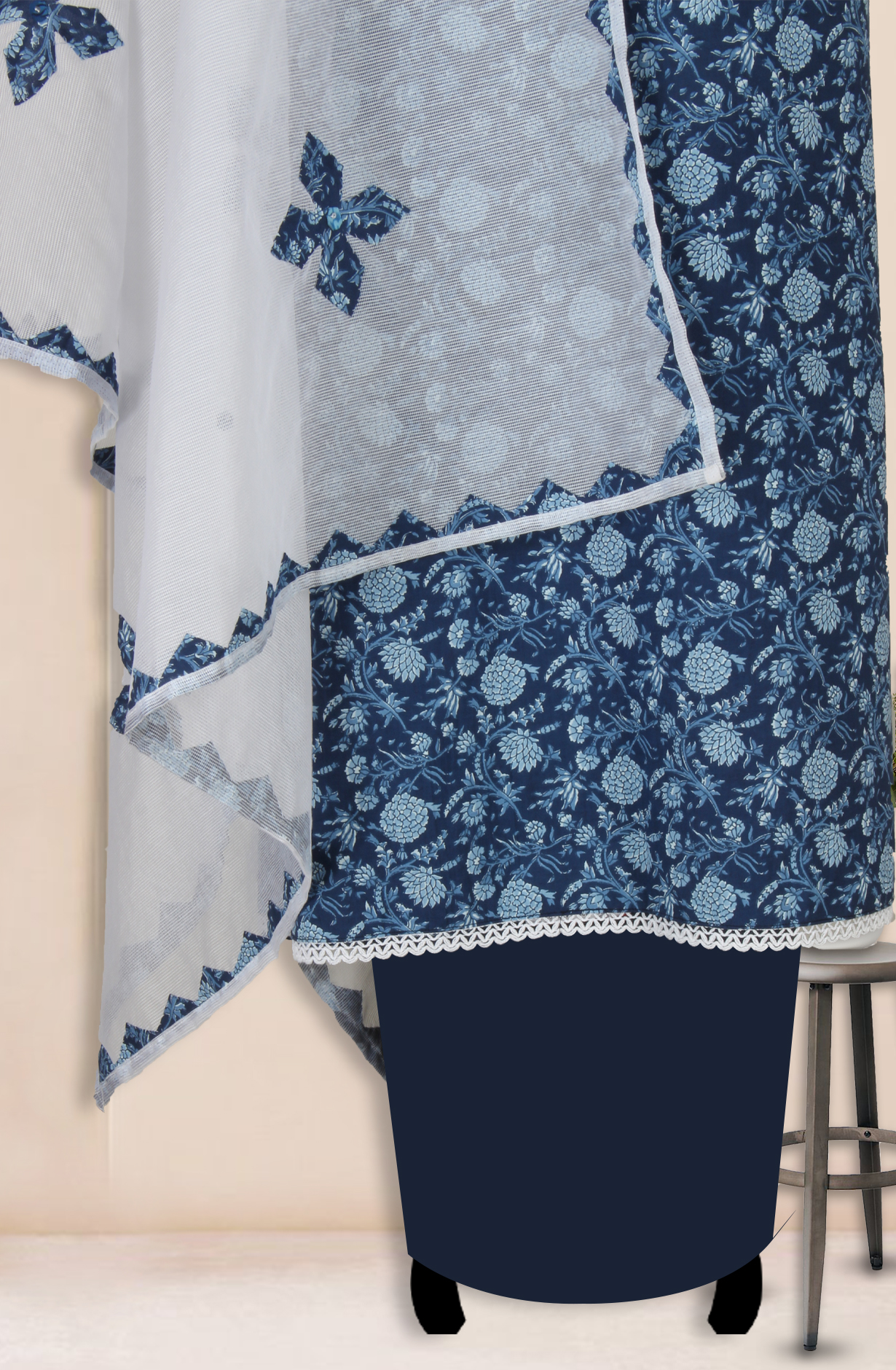 Indigo Blue Cotton Block Printed Unstitched Salwar Suit with Kota Dupatta - 944-1802