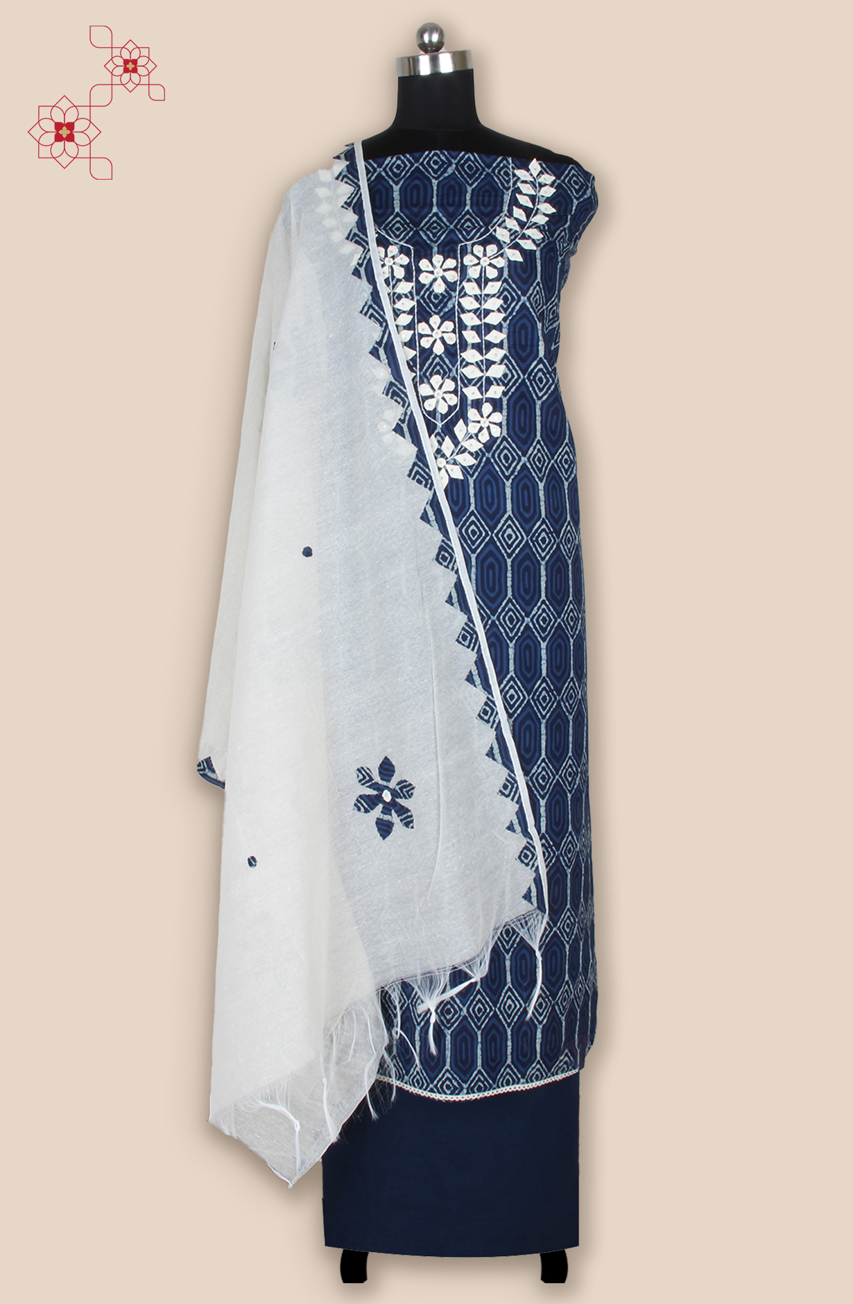 Blue Cotton Unstitched Printed Suit with Trendy Dupatta - 944-1802A