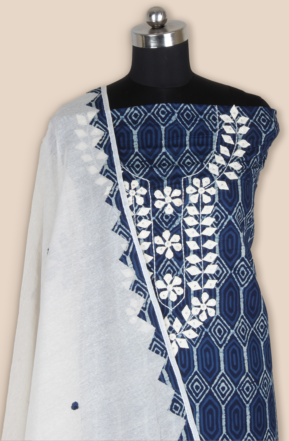 Blue Cotton Unstitched Printed Suit with Trendy Dupatta - 944-1802A