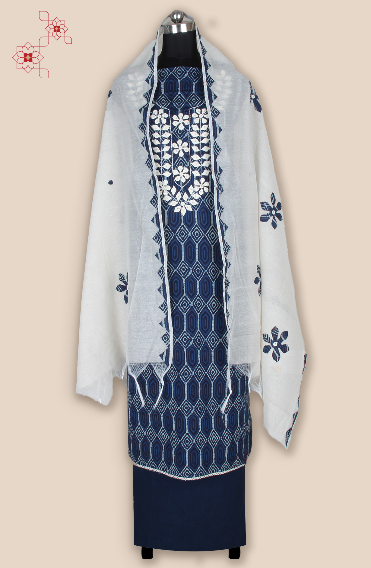 Blue Cotton Unstitched Printed Suit with Trendy Dupatta - 944-1802A