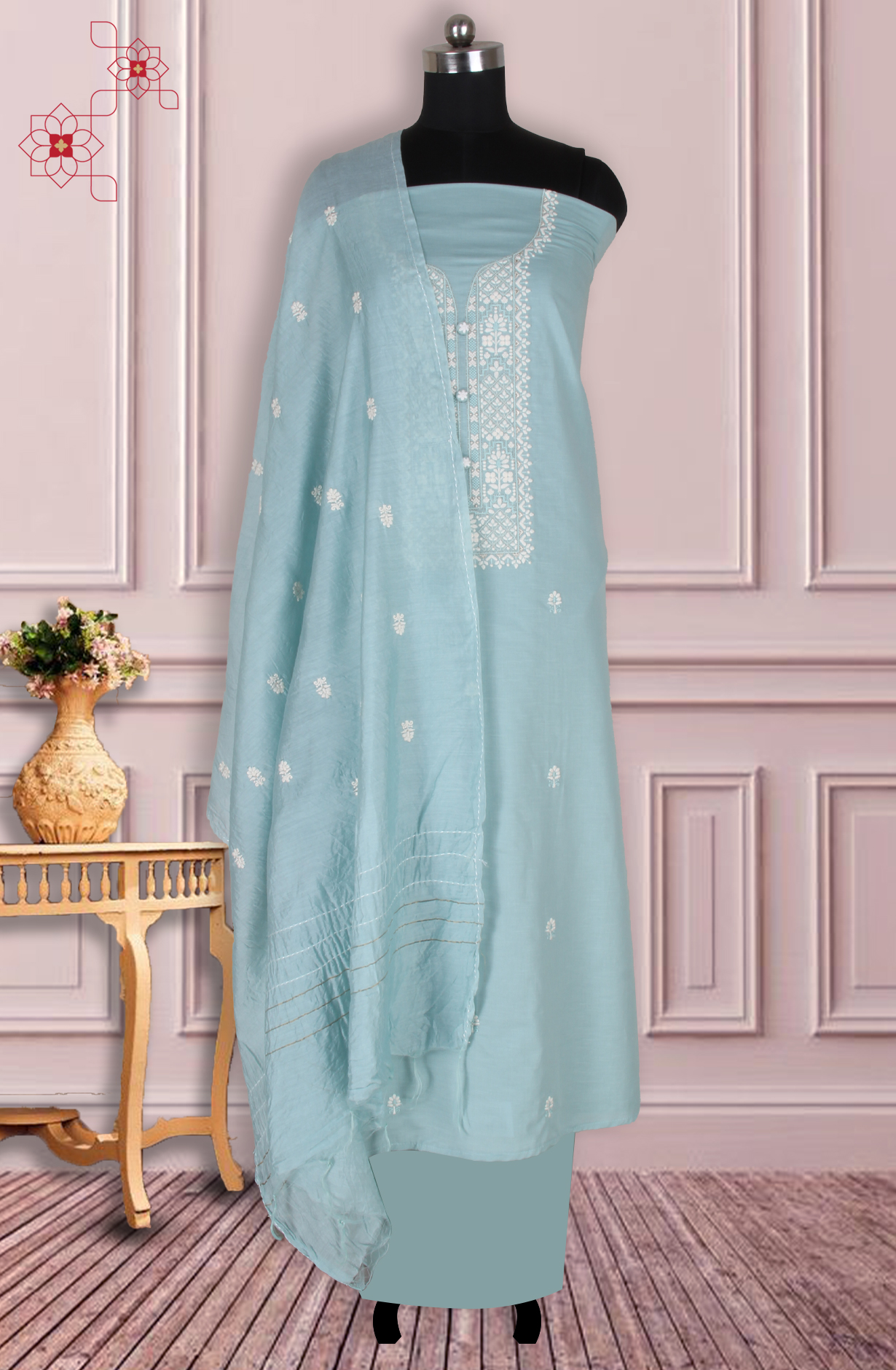 Sea Green Unstitched Beautiful Embroidered Suit with Dupatta - 944-3361