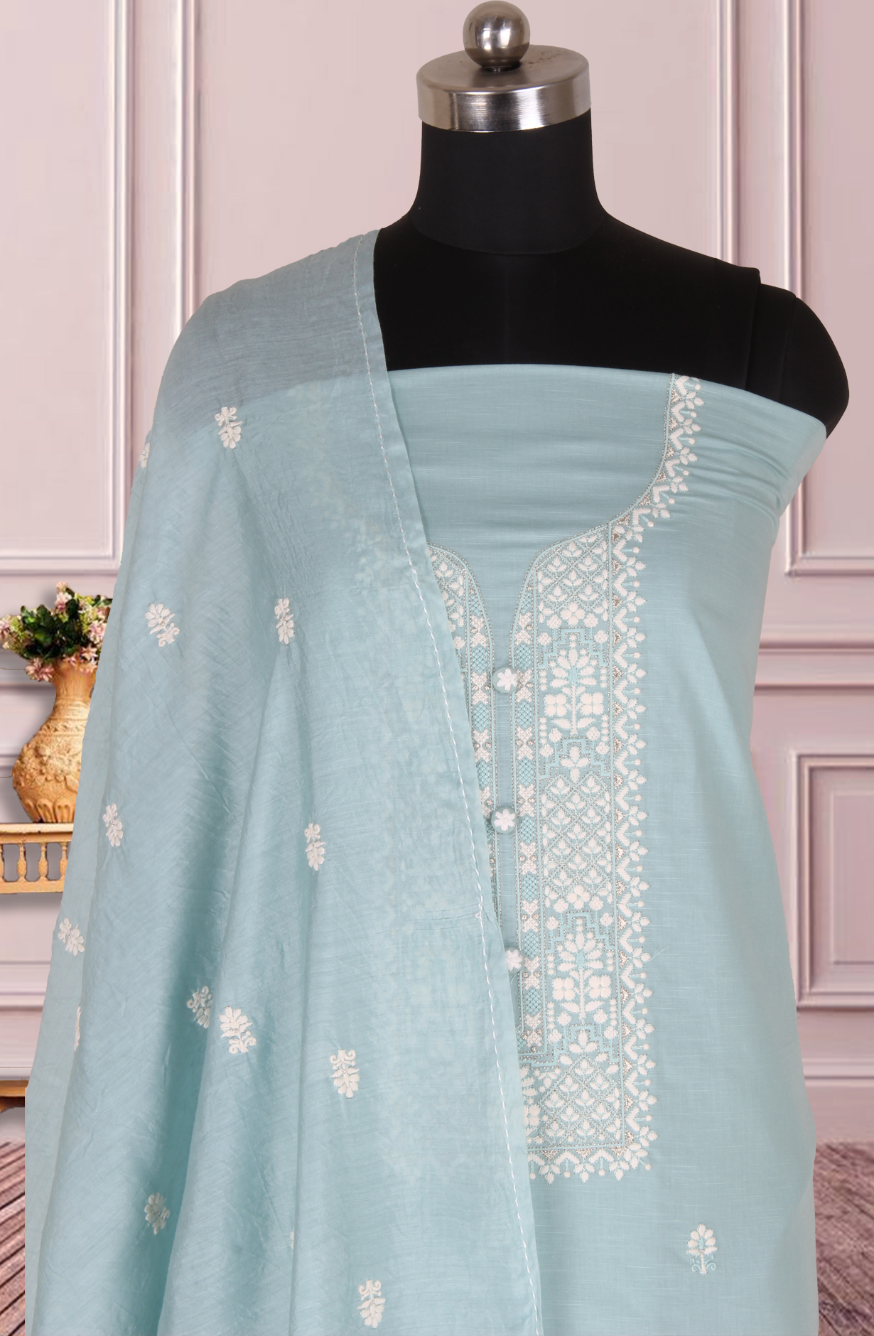 Sea Green Unstitched Beautiful Embroidered Suit with Dupatta - 944-3361