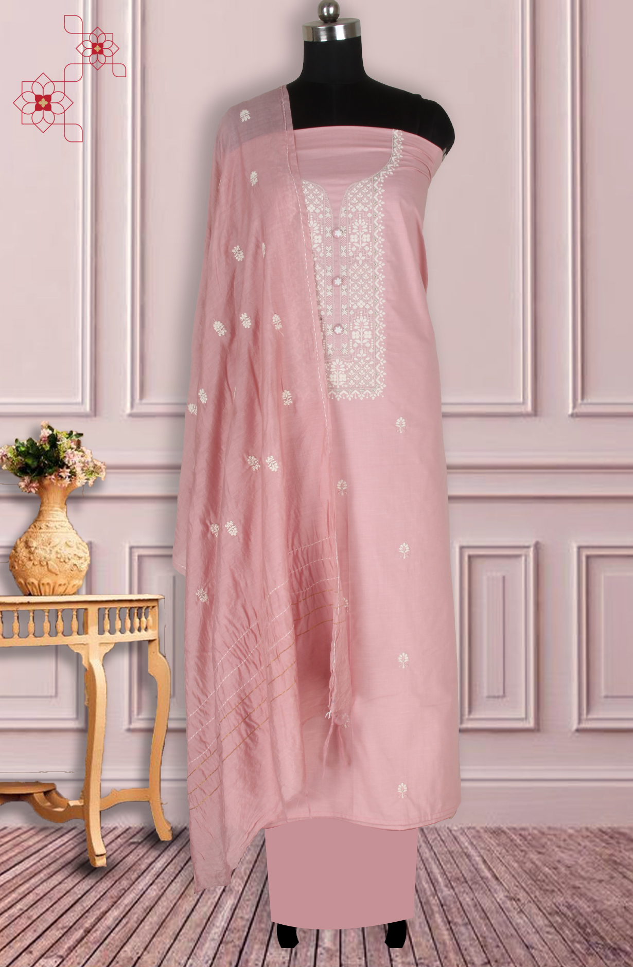 Pink Unstitched Beautiful Embroidered Suit with Dupatta - 944-3361A