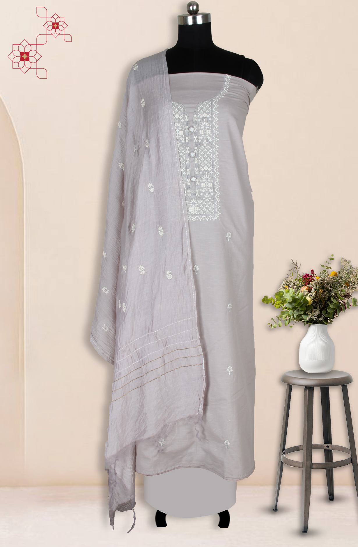 Grey Unstitched Beautiful Embroidered Suit with Dupatta - 944-3361D