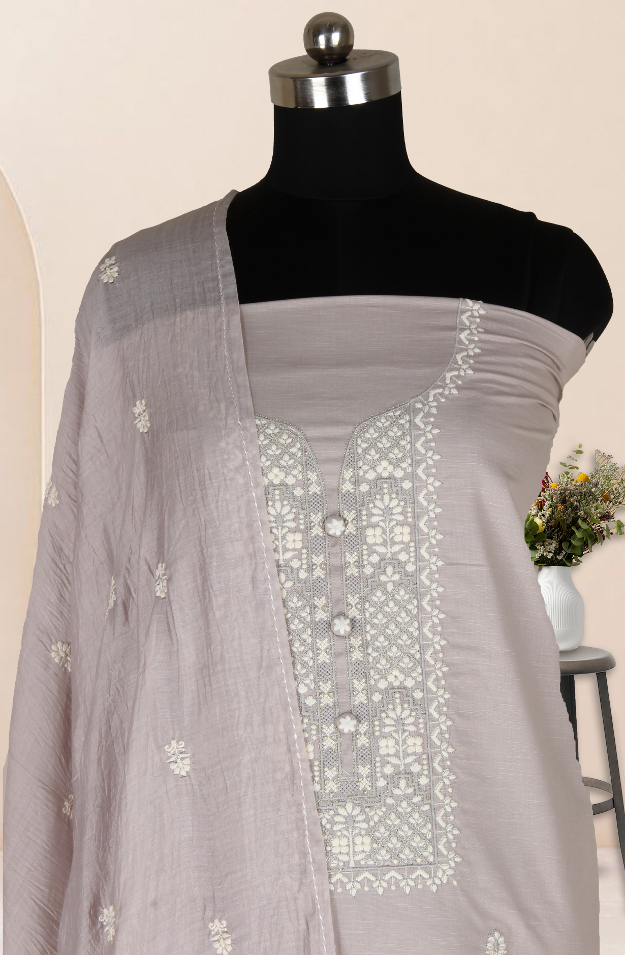 Grey Unstitched Beautiful Embroidered Suit with Dupatta - 944-3361D