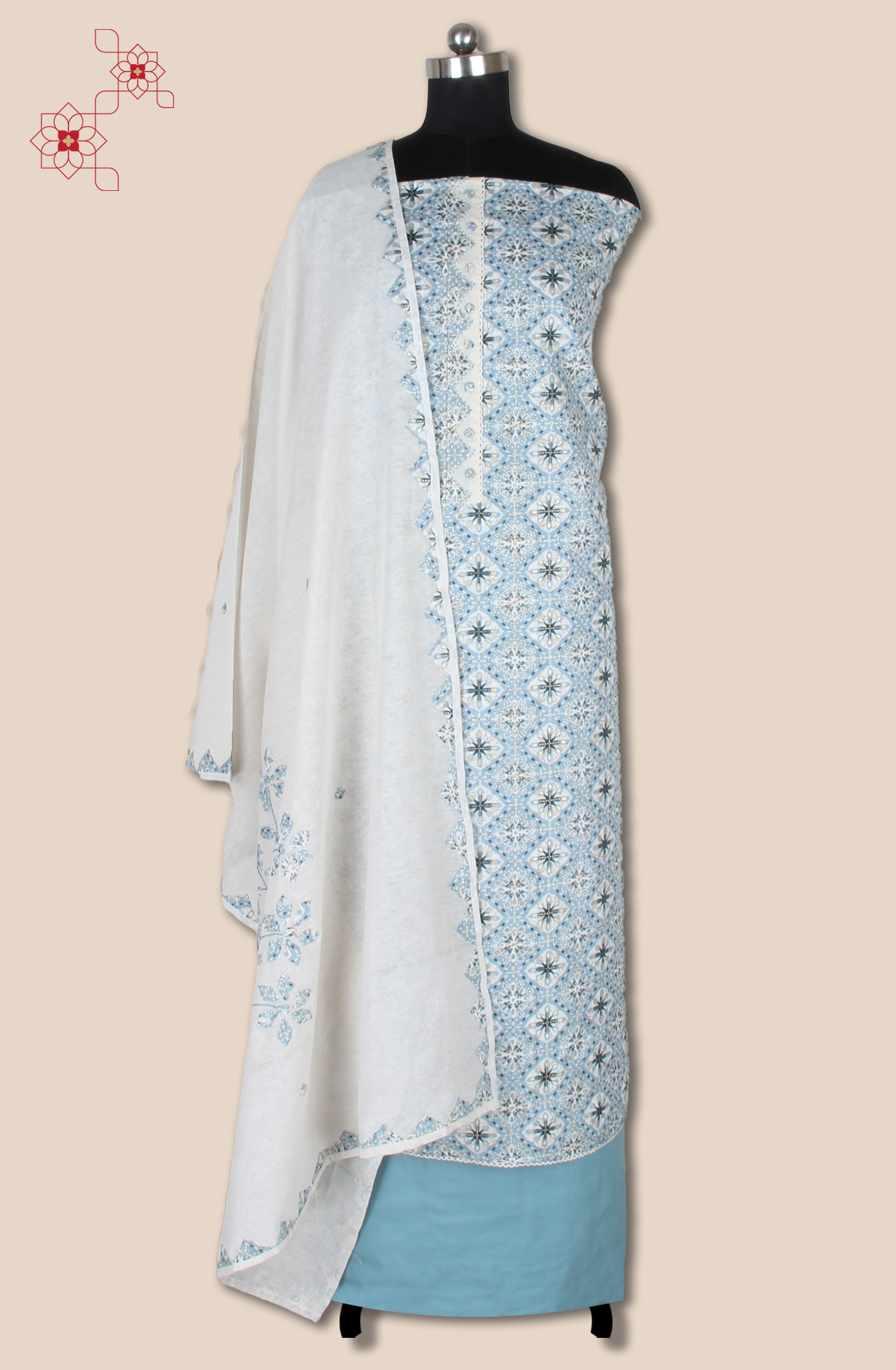 Pastel Green Handloom Cotton Printed Unstitched Suit Fabric - 944-3805B