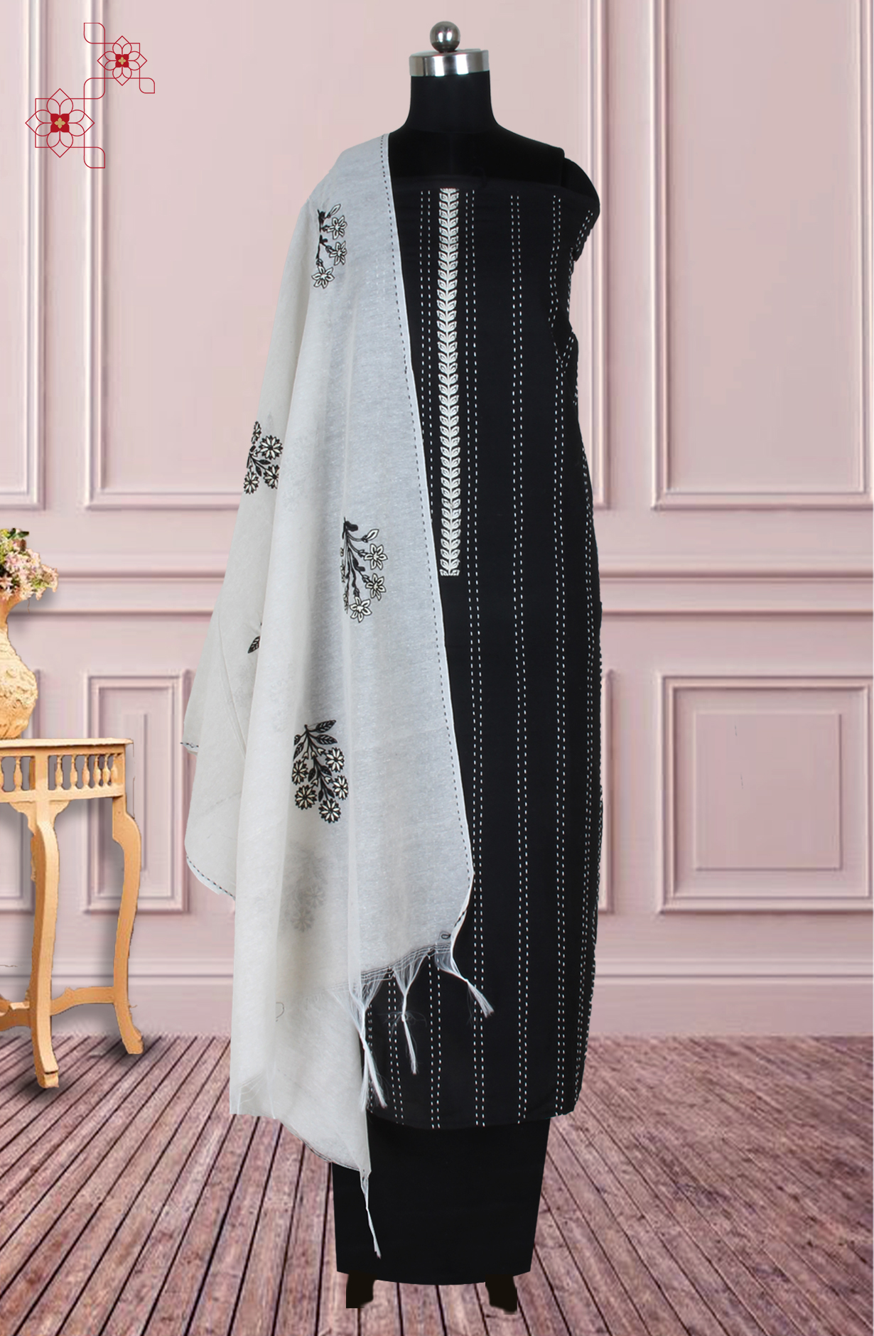 Black Cotton Kantha Work Unstitched Suit with Trendy Dupatta - 944-3873