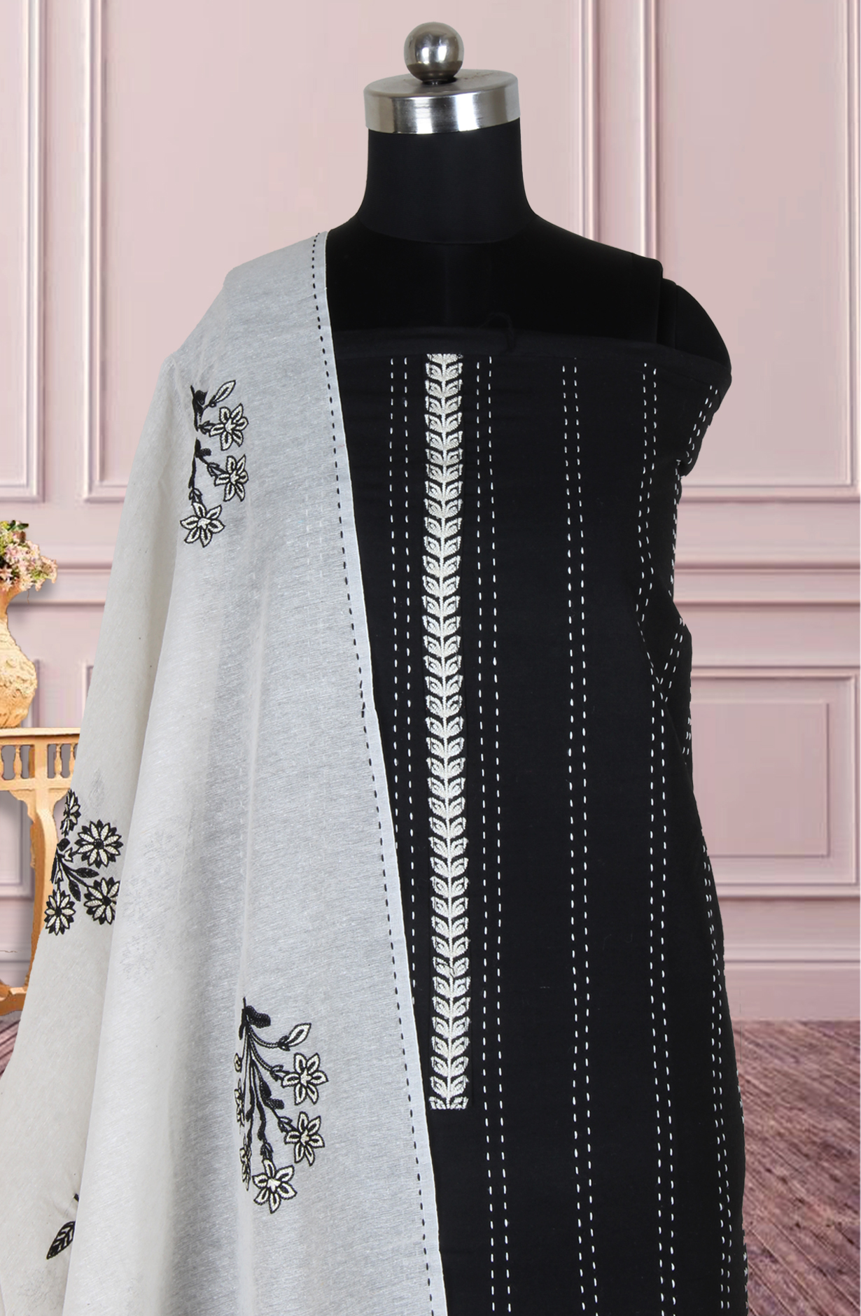 Black Cotton Kantha Work Unstitched Suit with Trendy Dupatta - 944-3873