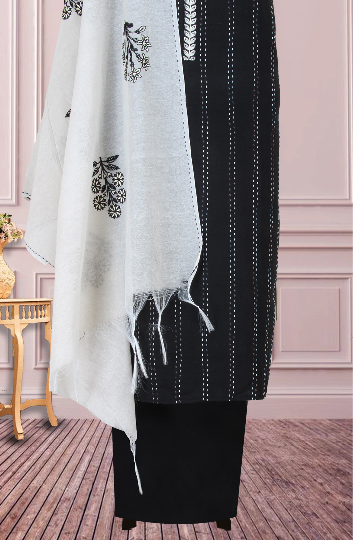 Black Cotton Kantha Work Unstitched Suit with Trendy Dupatta - 944-3873