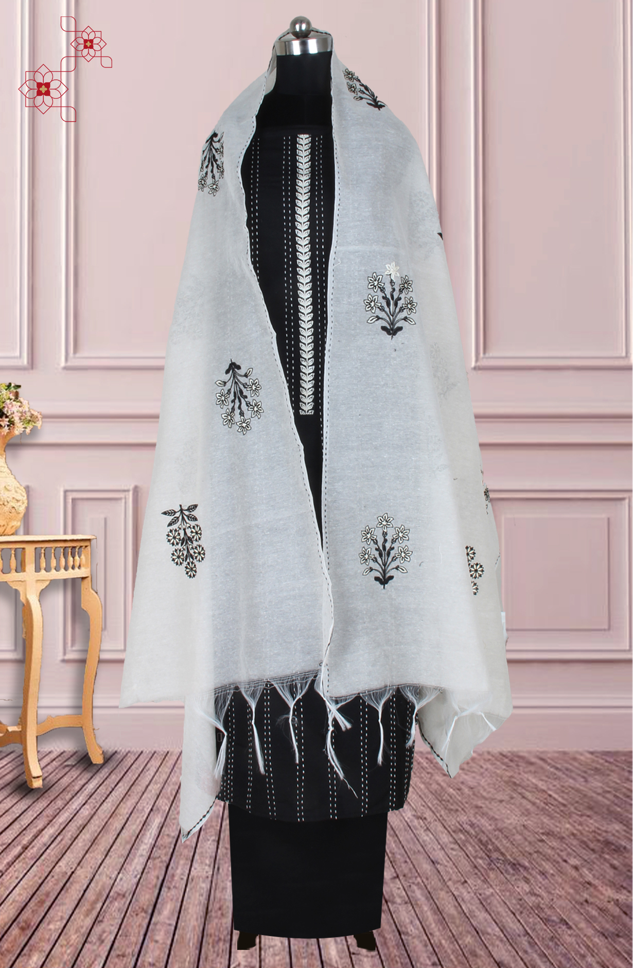 Black Cotton Kantha Work Unstitched Suit with Trendy Dupatta - 944-3873