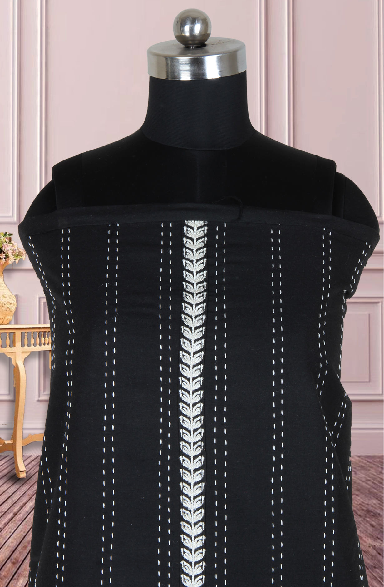 Black Cotton Kantha Work Unstitched Suit with Trendy Dupatta - 944-3873