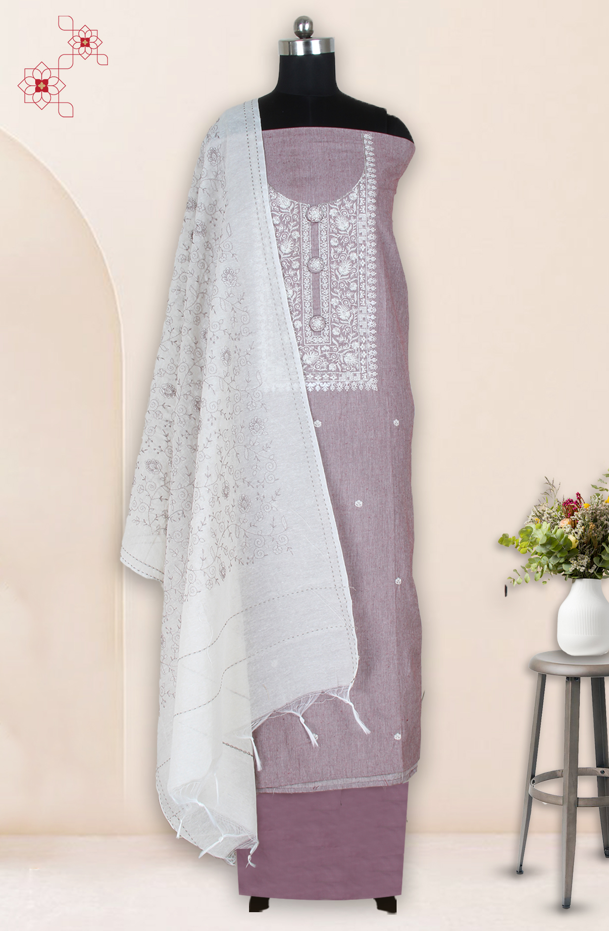 Mauve Cotton Unstitched Salwar Suit with Trendy Dupatta - 944-3874