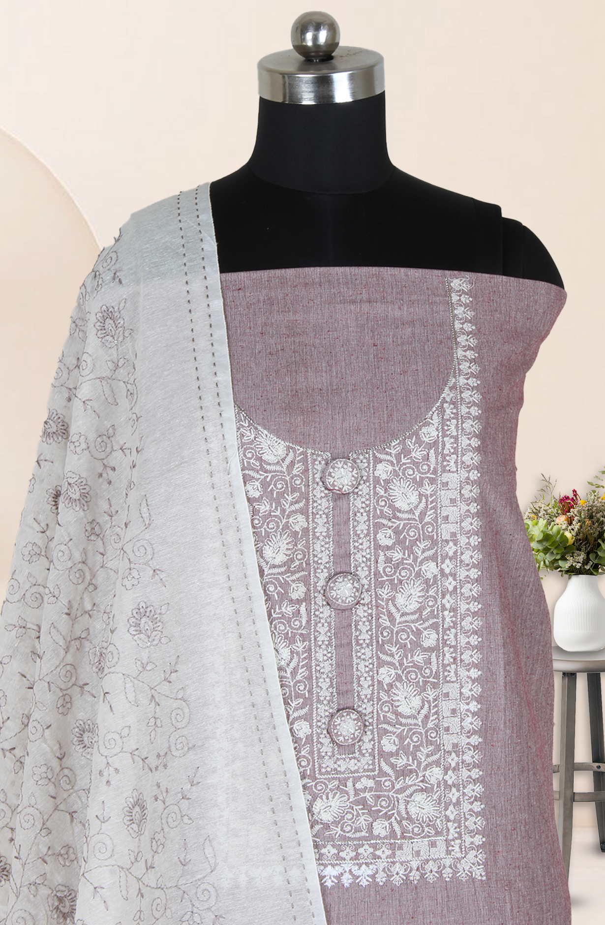 Mauve Cotton Unstitched Salwar Suit with Trendy Dupatta - 944-3874