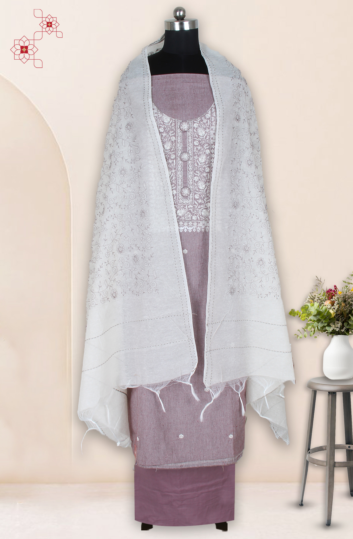 Mauve Cotton Unstitched Salwar Suit with Trendy Dupatta - 944-3874