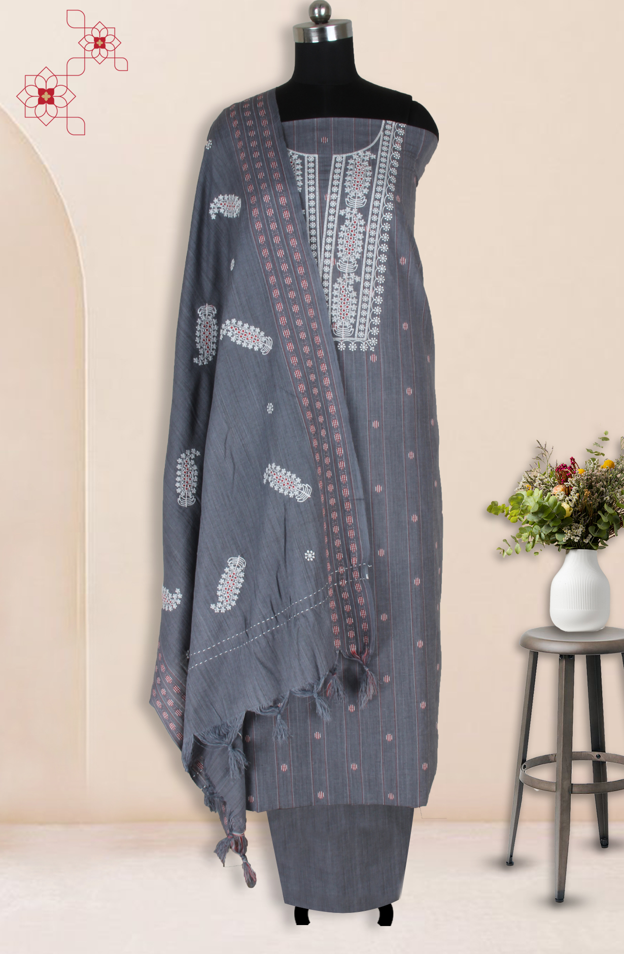 Grey Cotton Woven Unstitched Suit with Embroidery Work - 944-3879