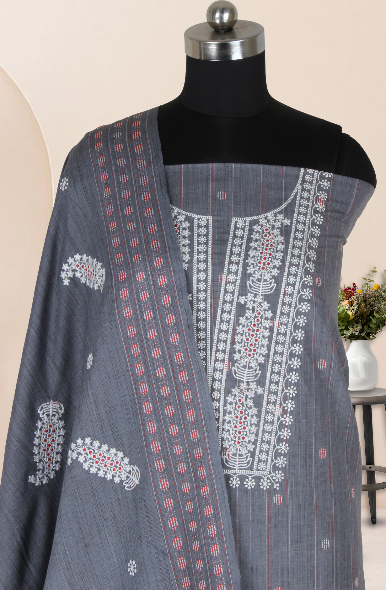 Grey Cotton Woven Unstitched Suit with Embroidery Work - 944-3879