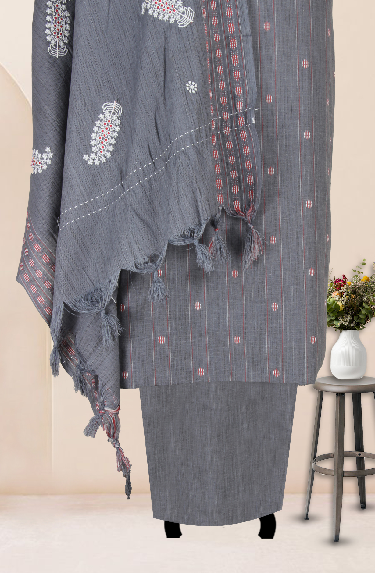 Grey Cotton Woven Unstitched Suit with Embroidery Work - 944-3879