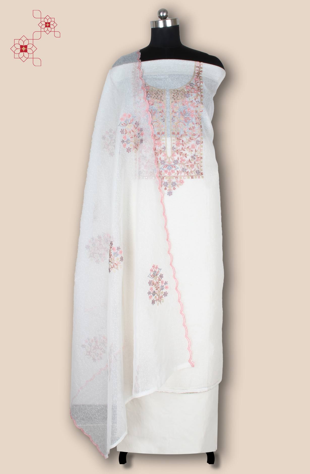 Cream Kota Beautiful Embroidered Unstitched Suit Fabric - 944-3954