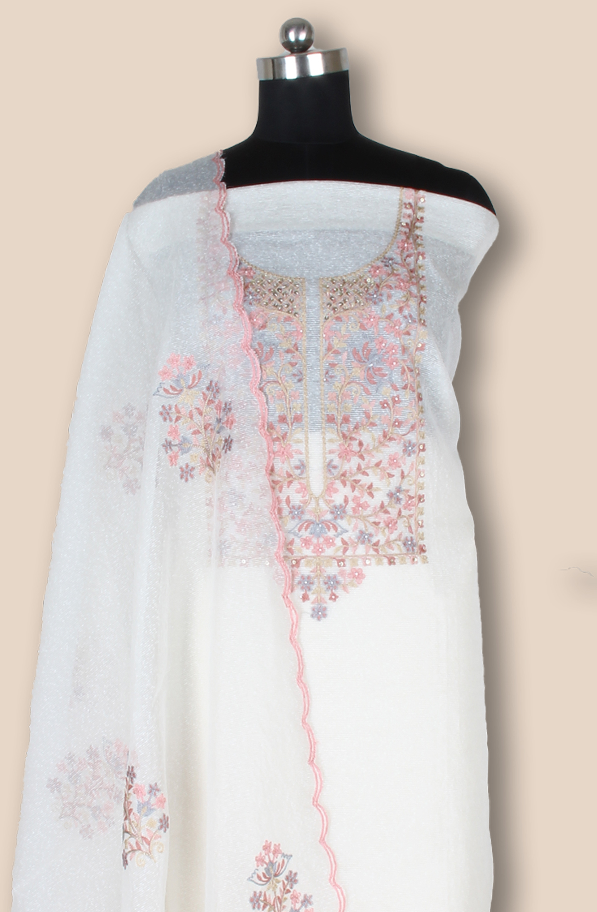 Cream Kota Beautiful Embroidered Unstitched Suit Fabric - 944-3954