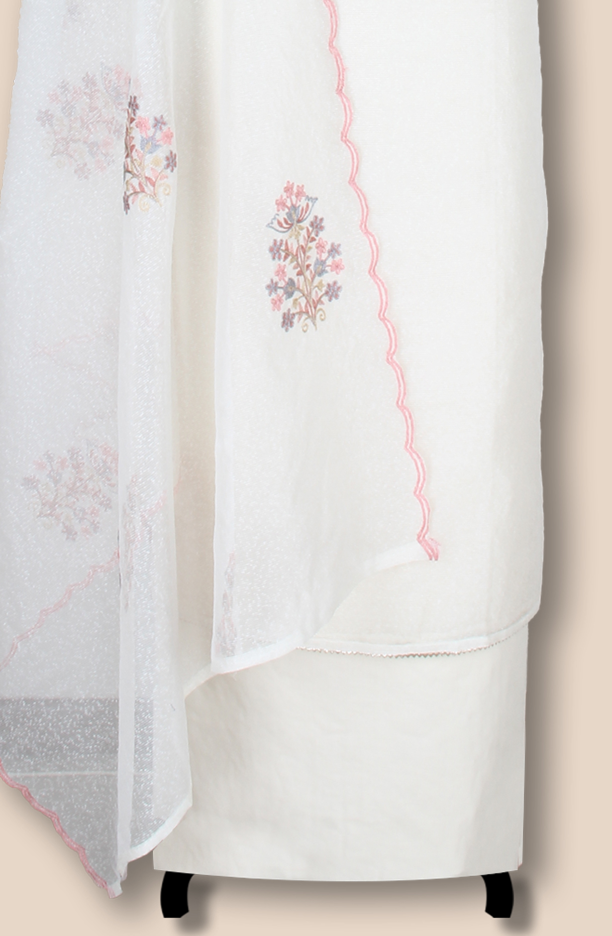Cream Kota Beautiful Embroidered Unstitched Suit Fabric - 944-3954