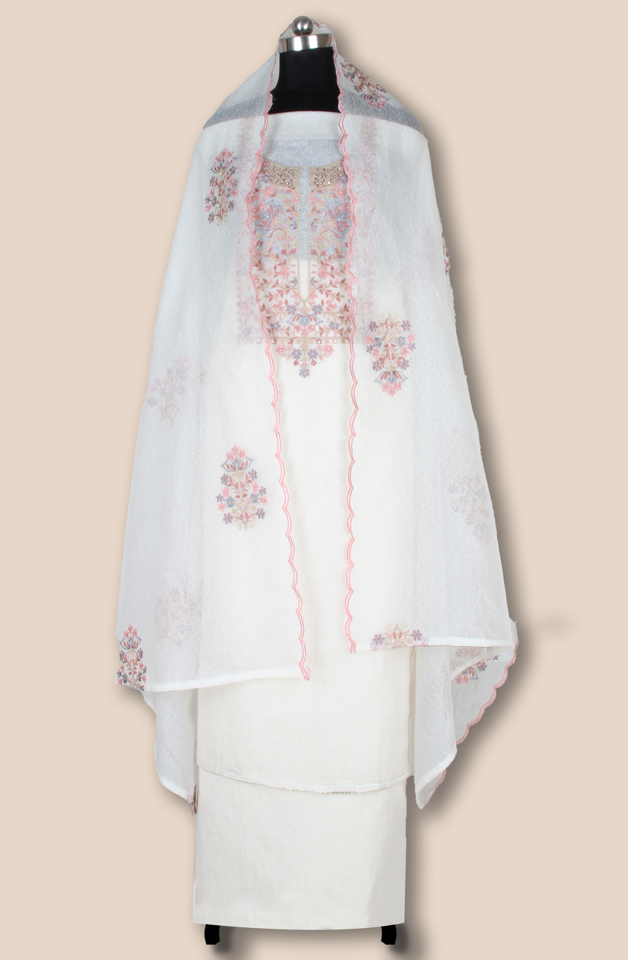 Cream Kota Beautiful Embroidered Unstitched Suit Fabric - 944-3954