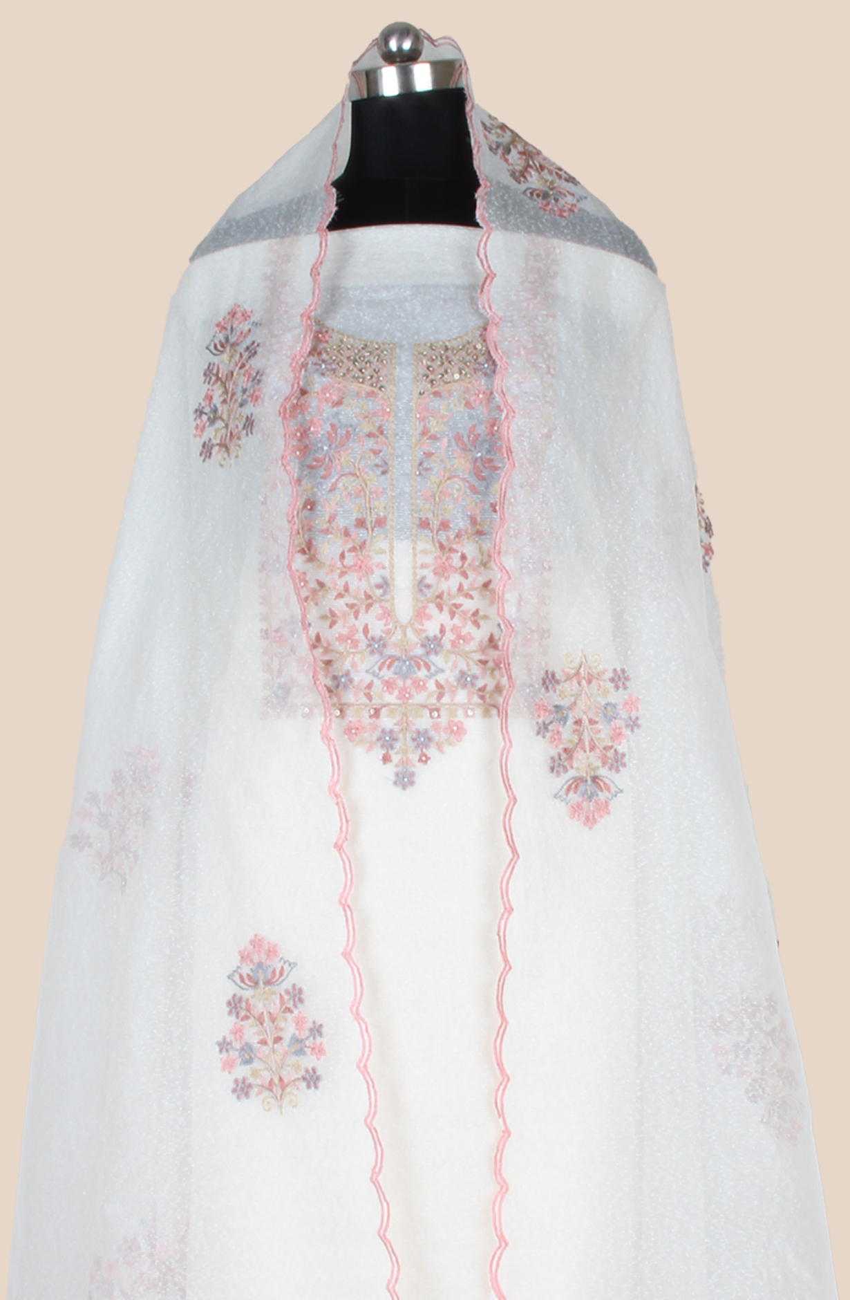 Cream Kota Beautiful Embroidered Unstitched Suit Fabric - 944-3954