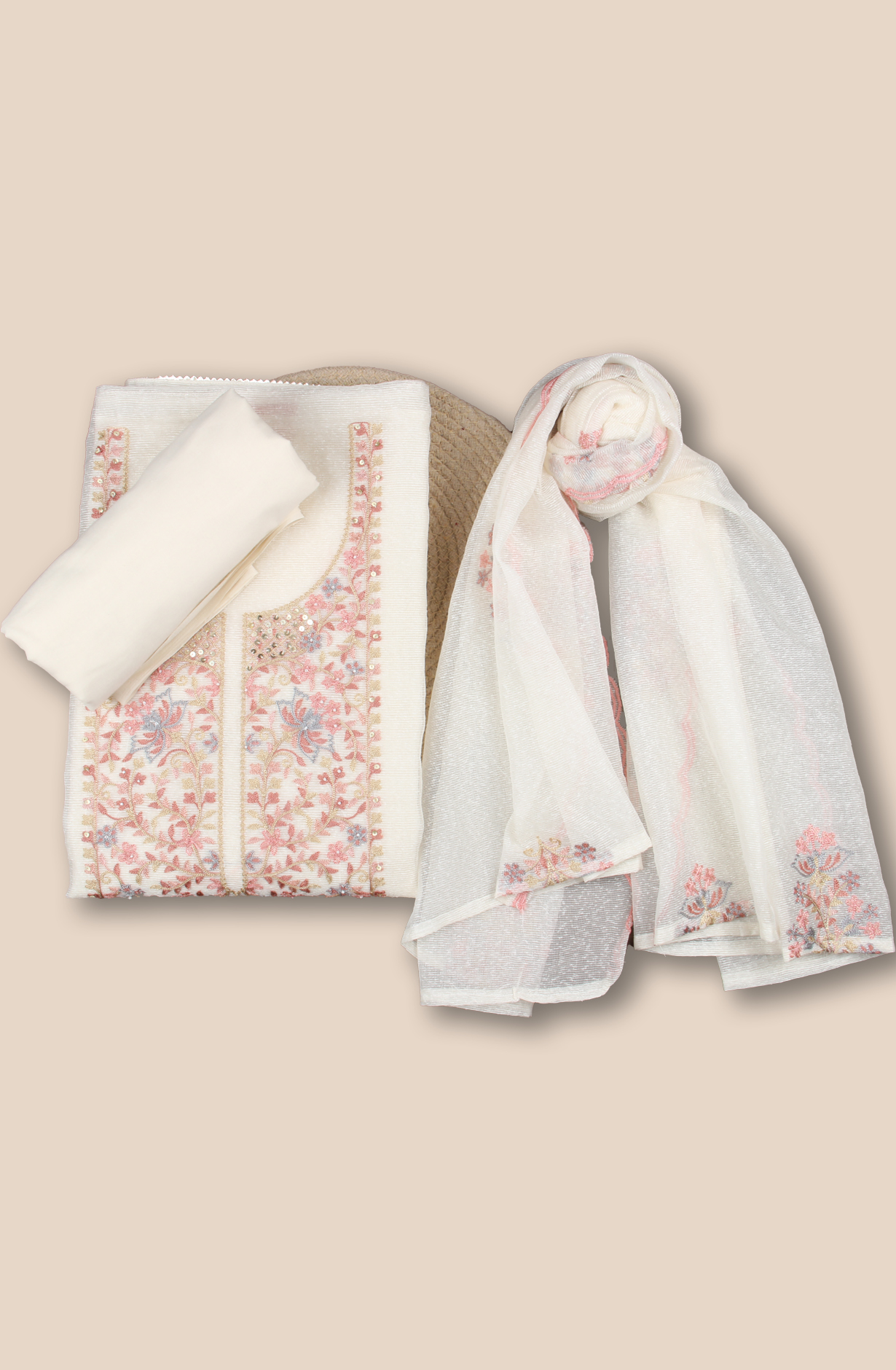 Cream Kota Beautiful Embroidered Unstitched Suit Fabric - 944-3954