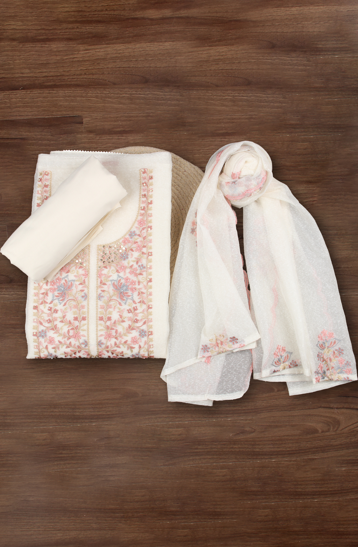 Cream Kota Beautiful Embroidered Unstitched Suit Fabric - 944-3954