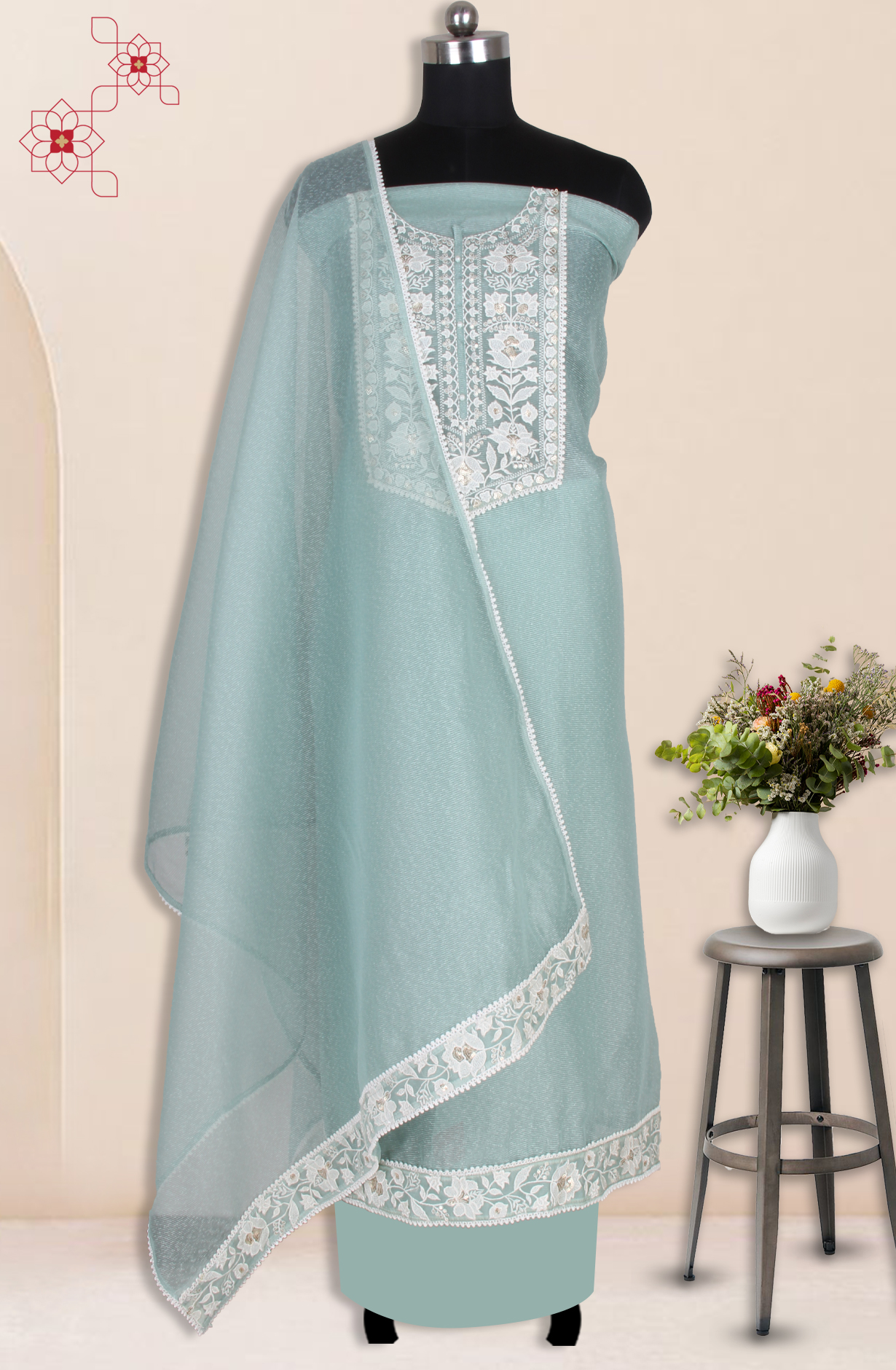 Sea Green Kota Unstitched Embroidery Suit with Dupatta - 944-3981B