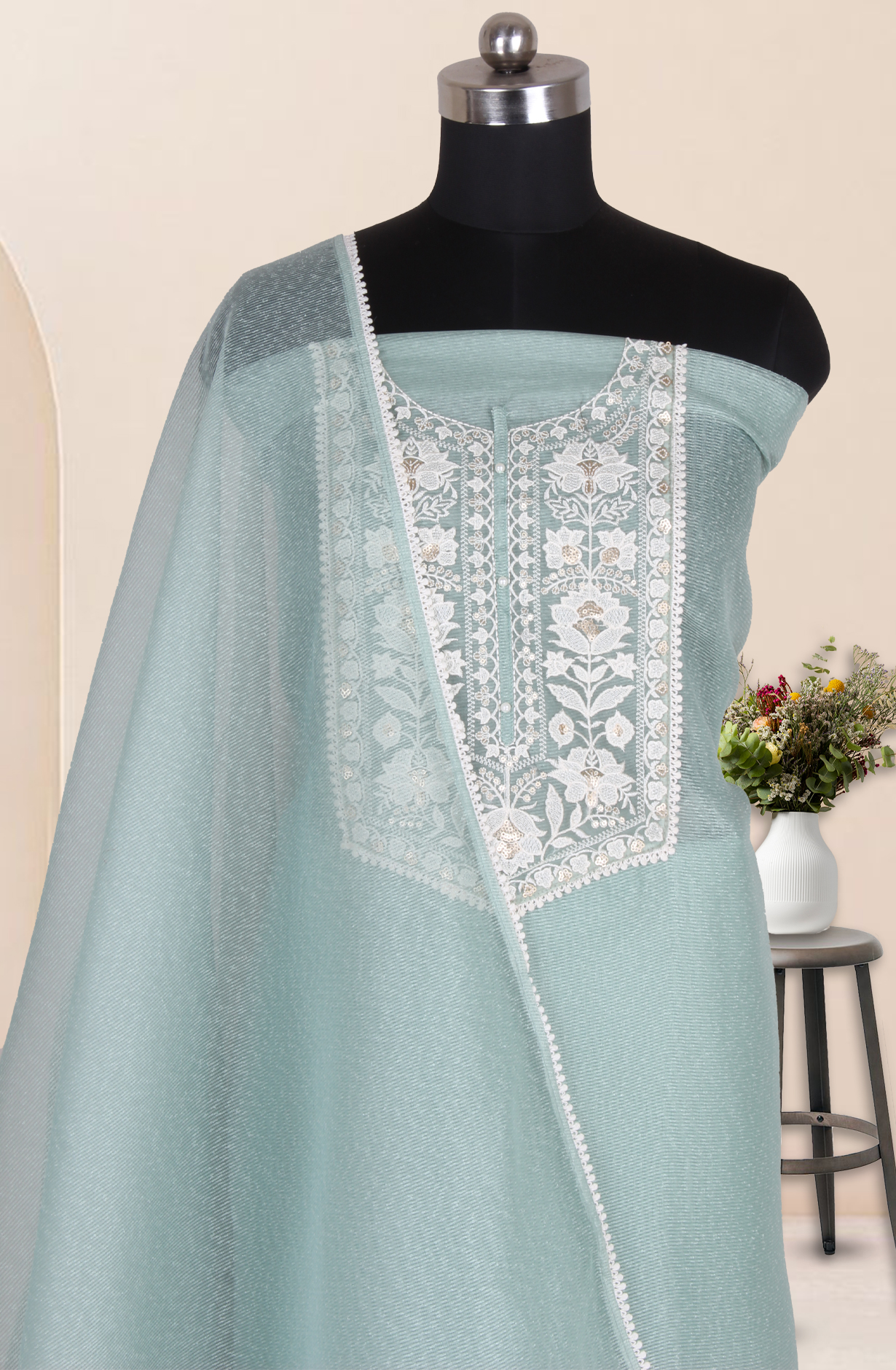 Sea Green Kota Unstitched Embroidery Suit with Dupatta - 944-3981B