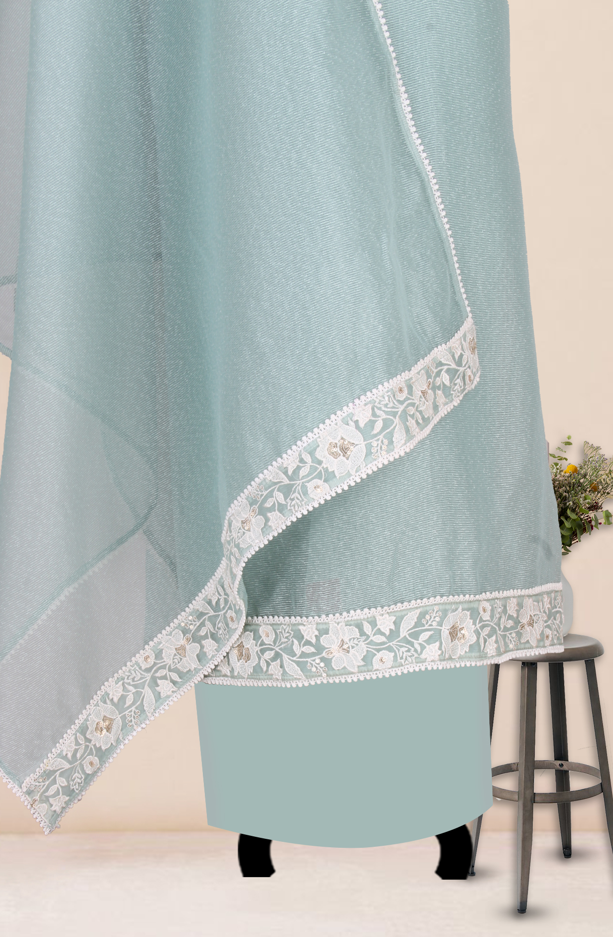 Sea Green Kota Unstitched Embroidery Suit with Dupatta - 944-3981B