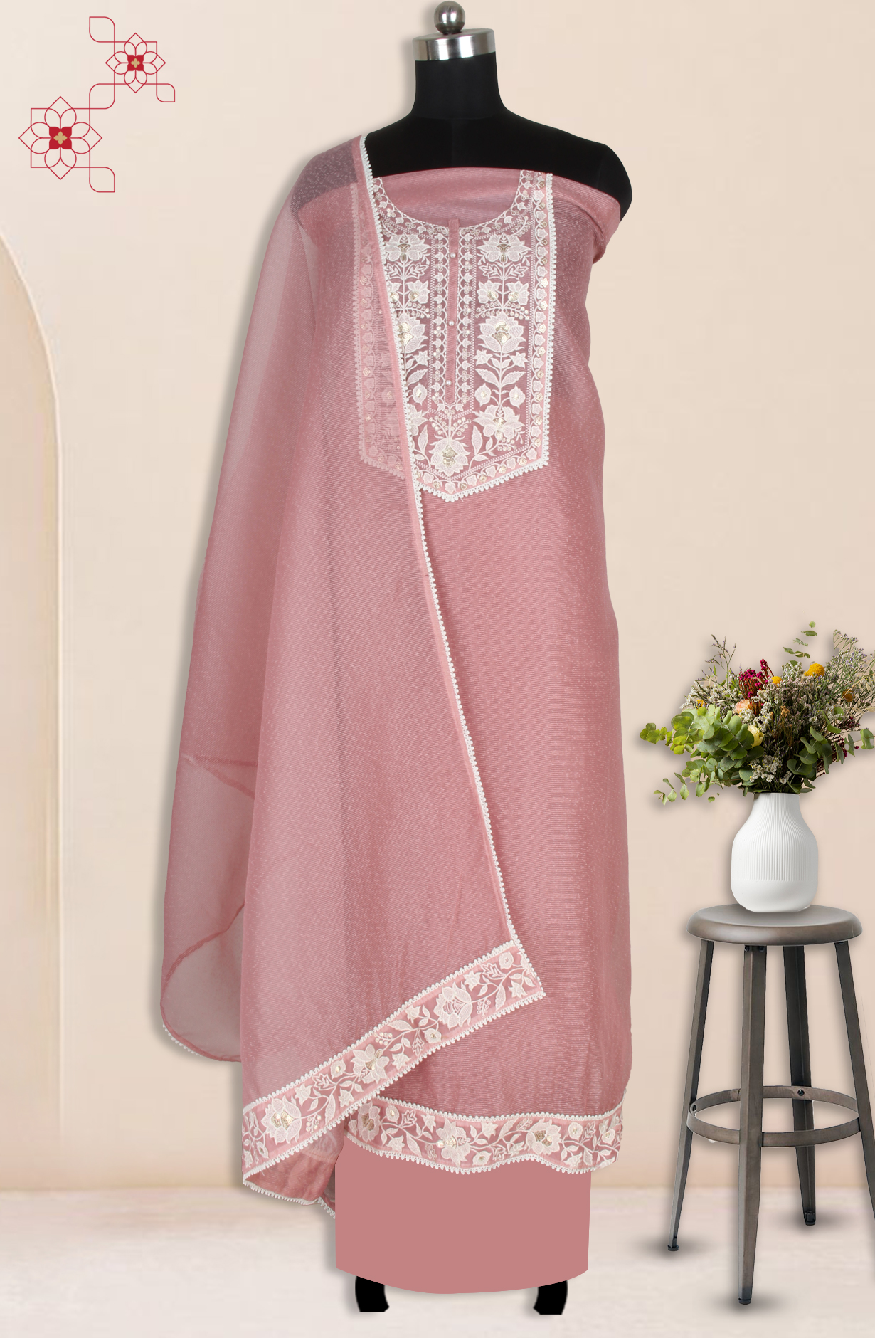 Pink Kota Unstitched Embroidery Suit with Dupatta - 944-3981C