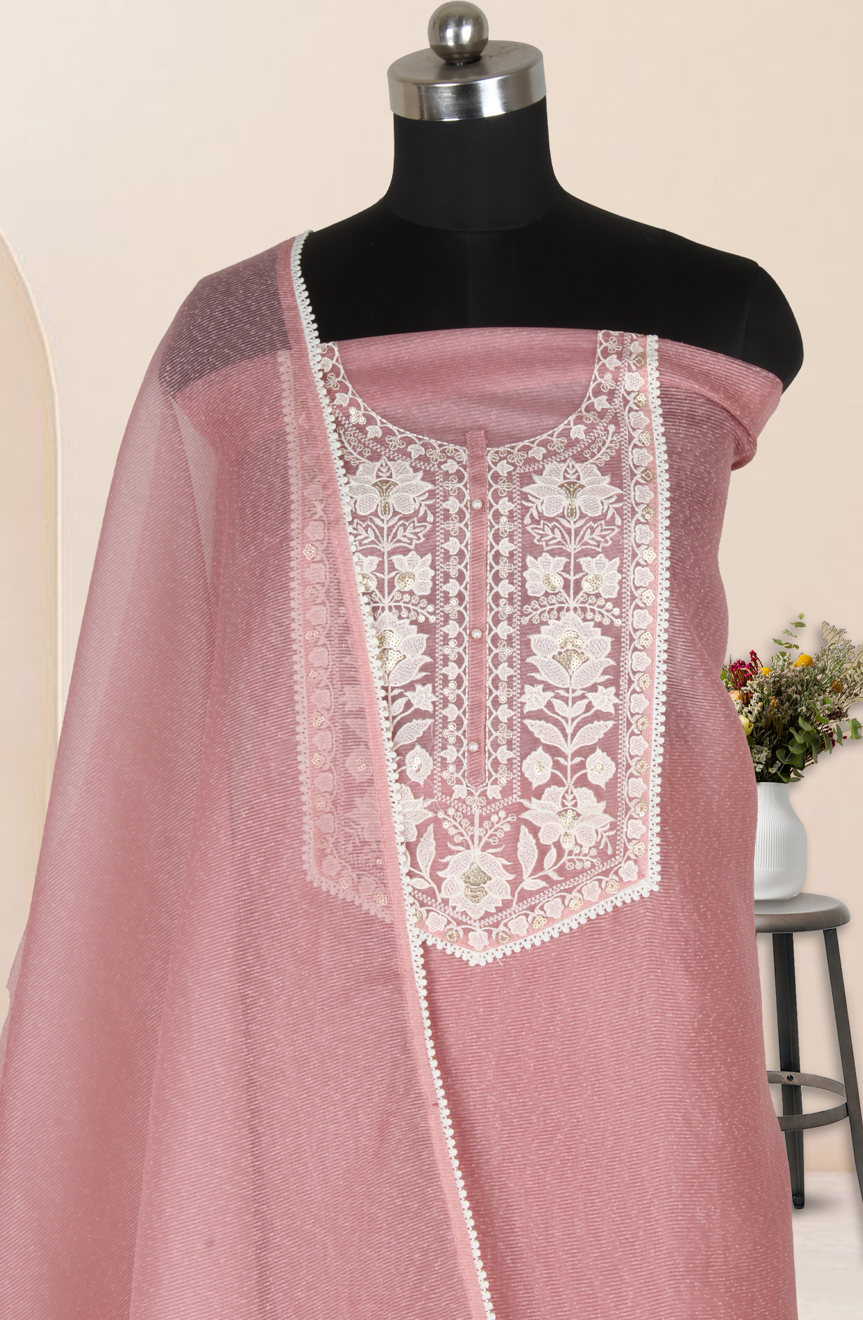 Pink Kota Unstitched Embroidery Suit with Dupatta - 944-3981C